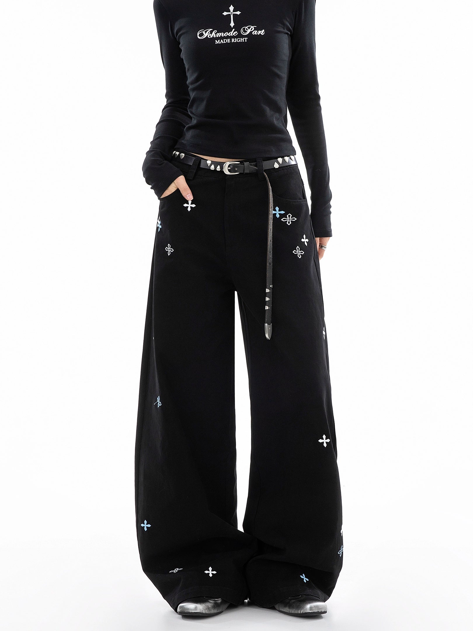 ICH MODE 美式复古刺绣纱卡休闲裤女宽松直筒裤弯刀阔腿裤运动裤