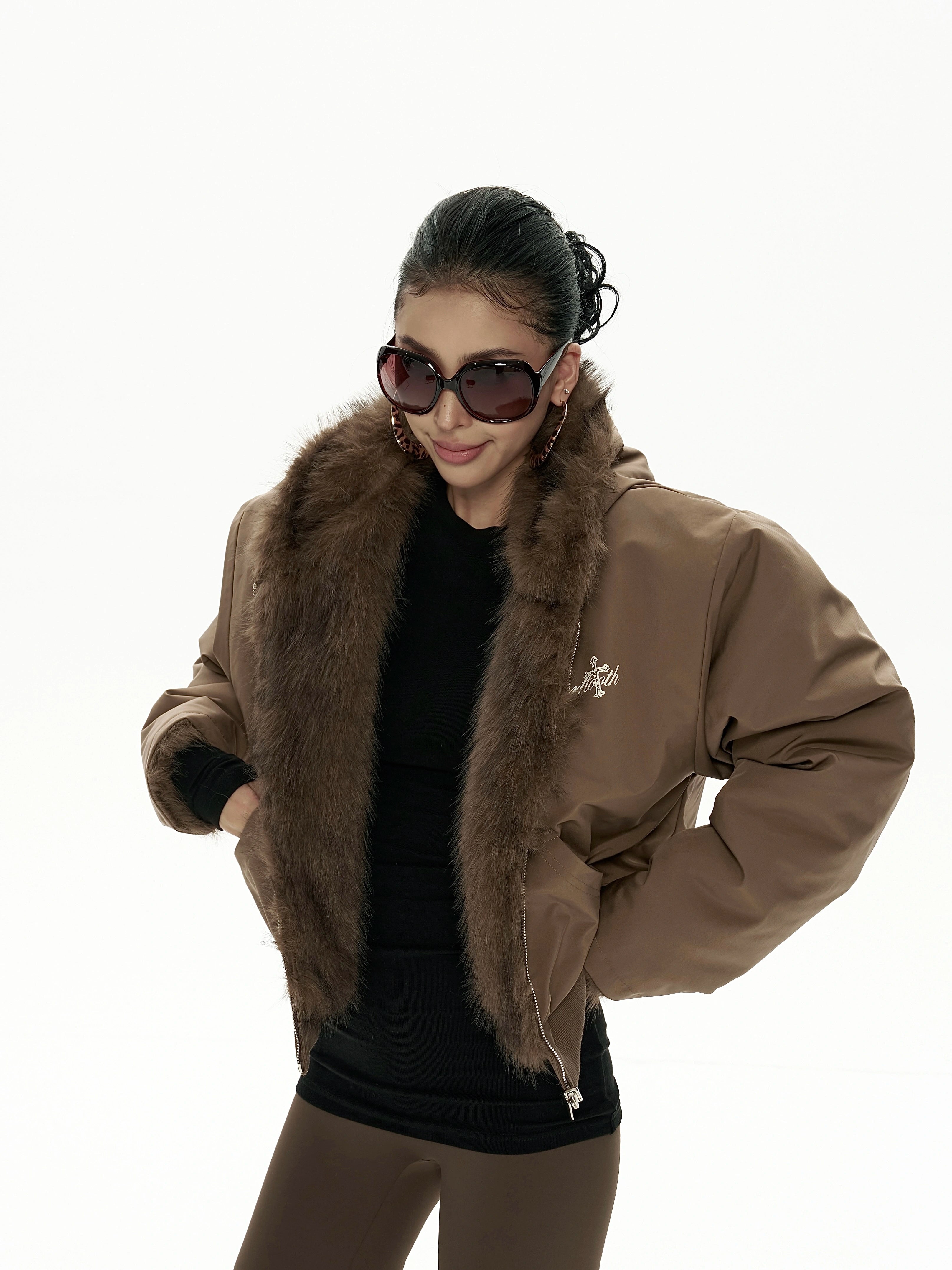 野生zero双面穿连帽毛绒外套女秋冬新款美式复古宽松休闲开衫上衣