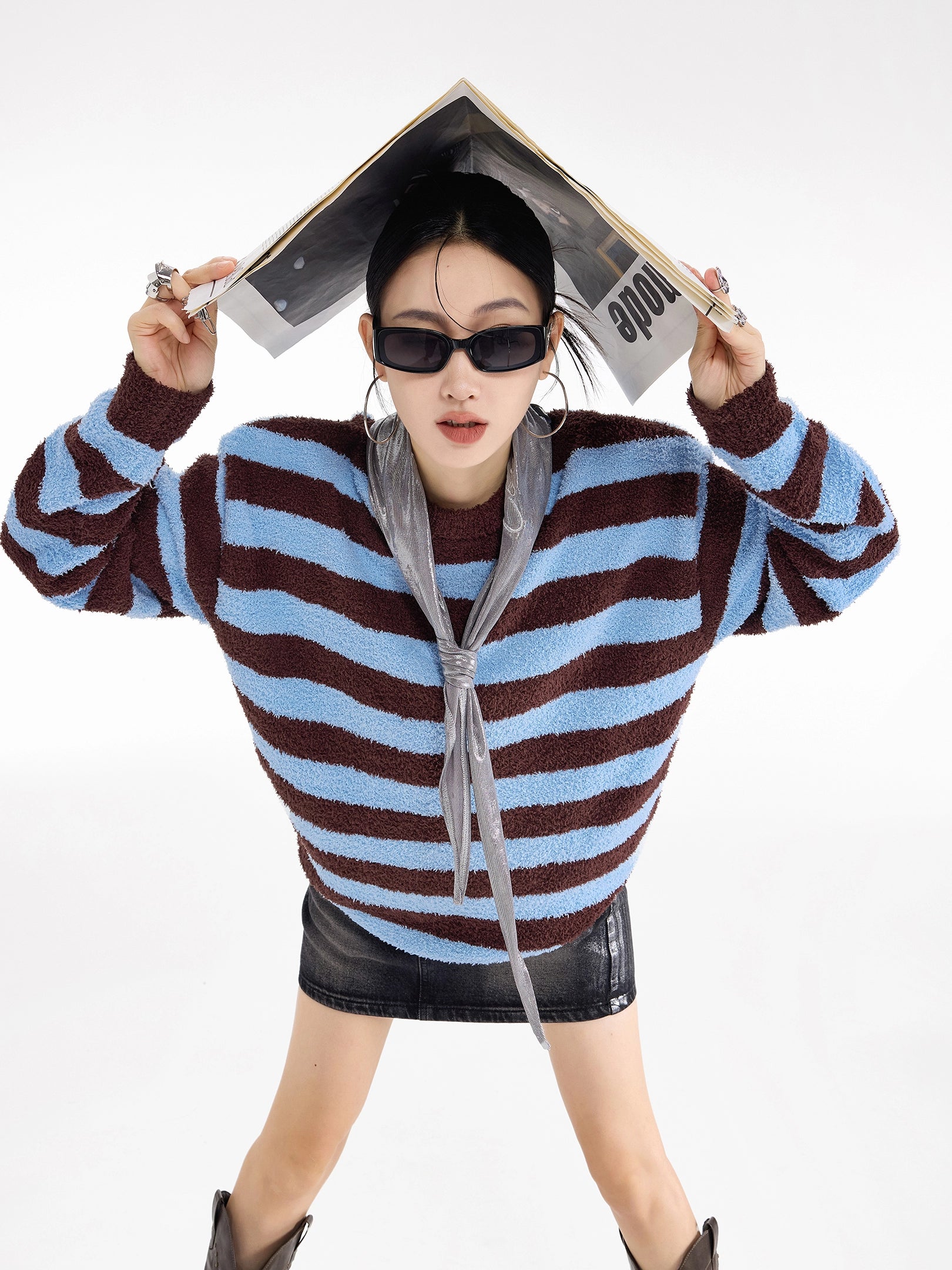 ICH MODE 美式复古撞色条纹圆领毛衣女秋冬季慵懒长袖针织衫上衣