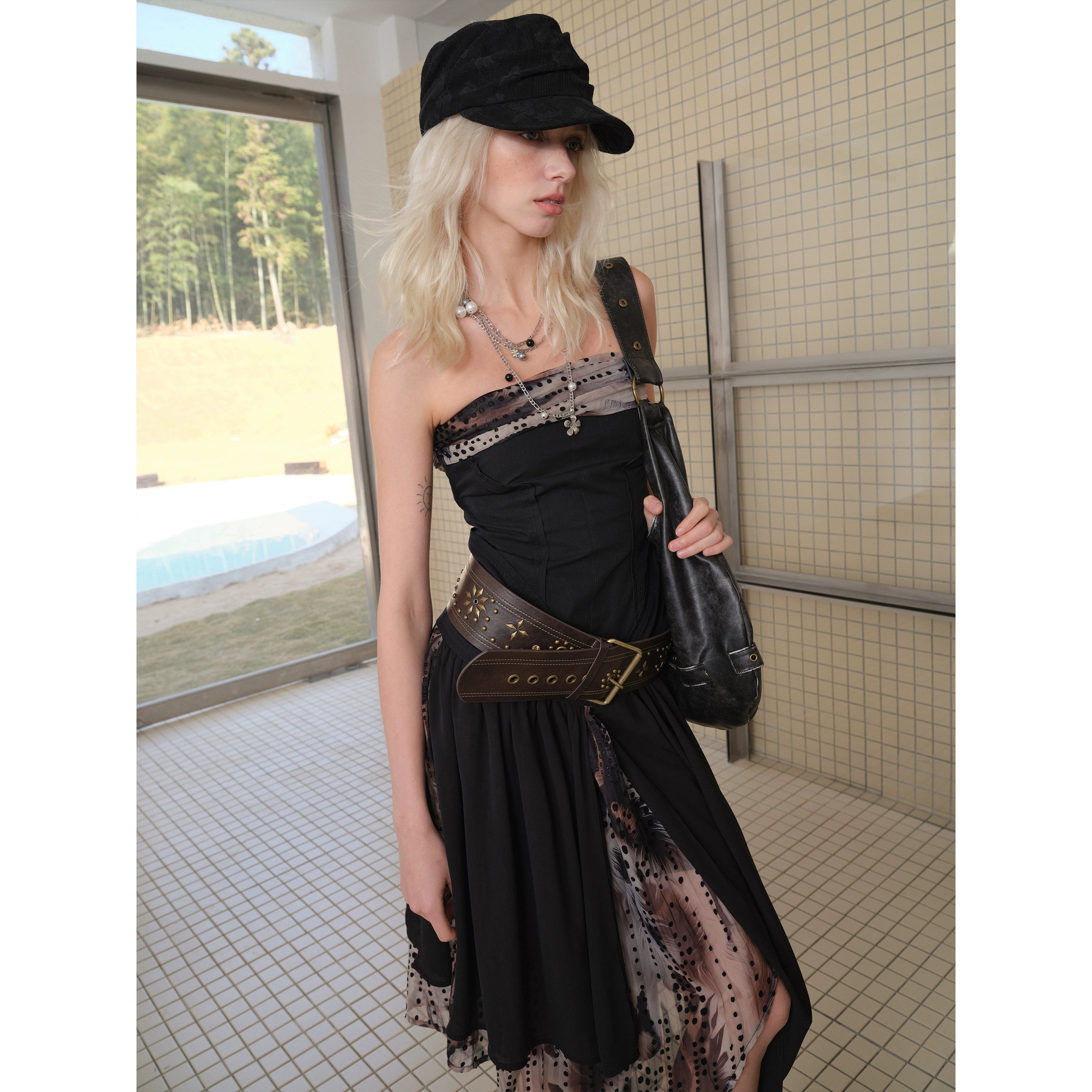 2th Desire复古解构流浪风晕染印花不规则抹胸褶皱拼纱连衣裙女