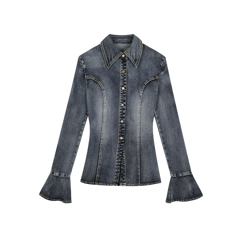 野生zerocircle复古收腰牛仔衬衫女春秋设计感修身显瘦喇叭袖上衣