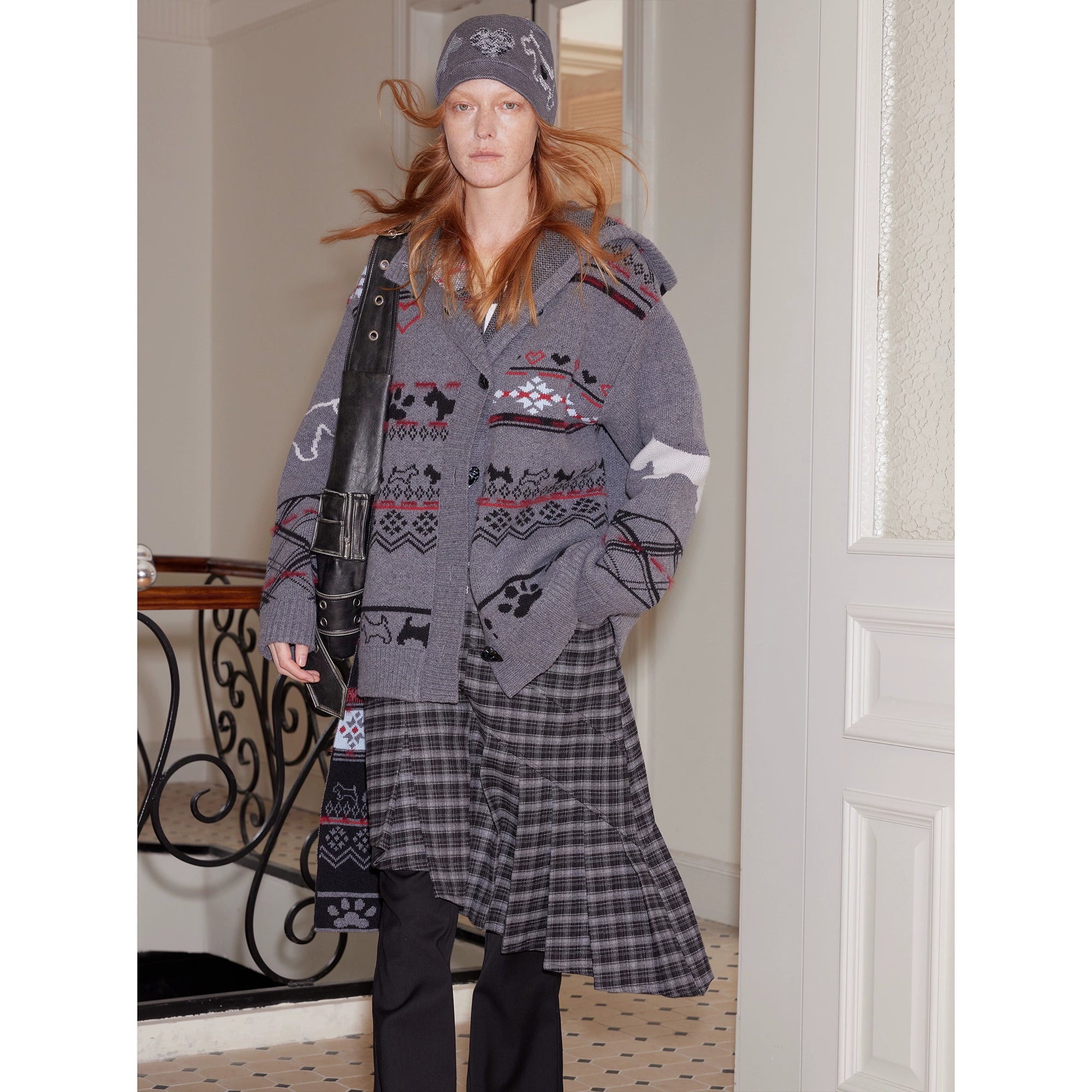 2th Desire费尔岛复古羊毛爱心小狗提花连帽针织开衫慵懒毛衣外套