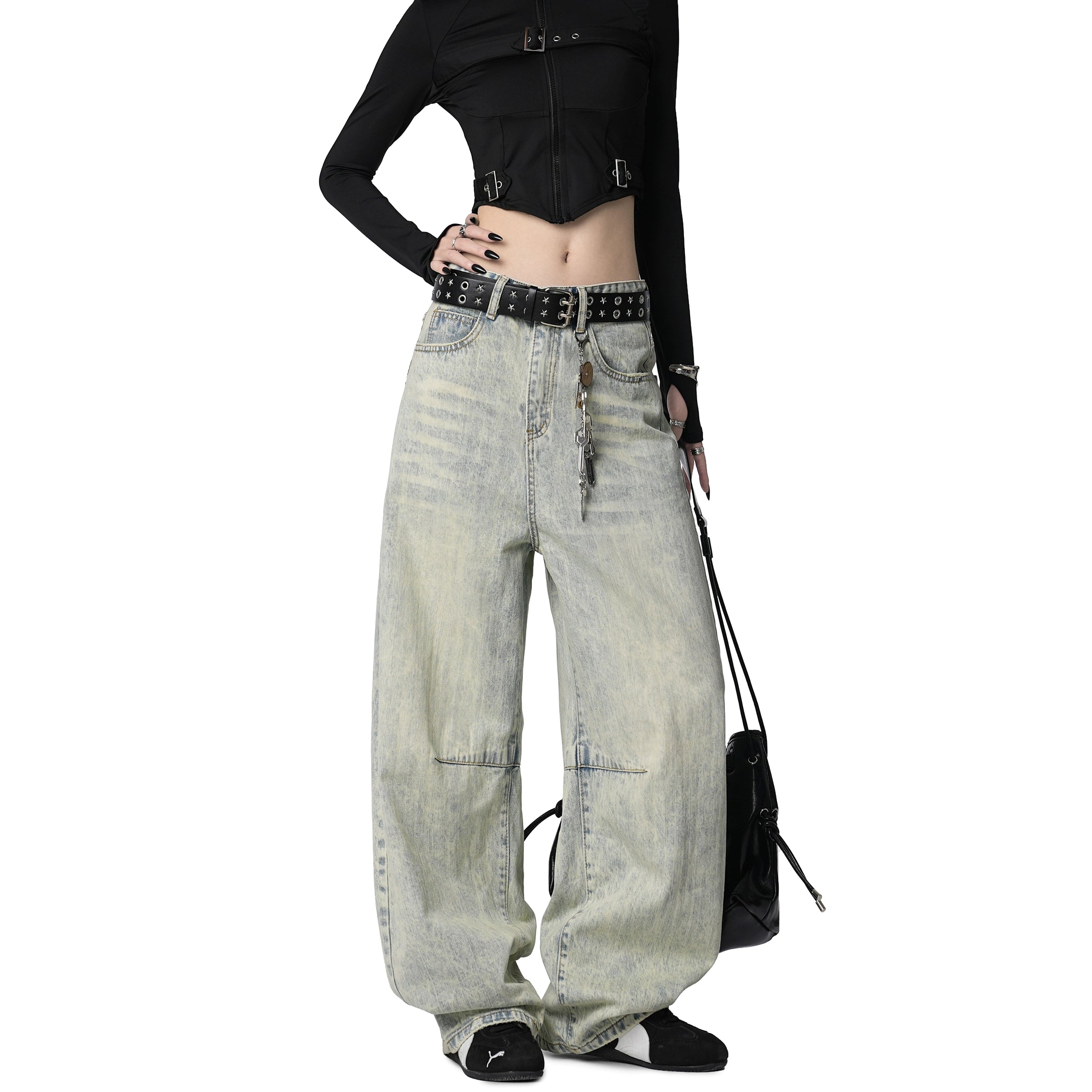 ICH MODE 美式复古水洗牛仔裤女休闲宽松直筒裤弯刀阔腿裤运动裤