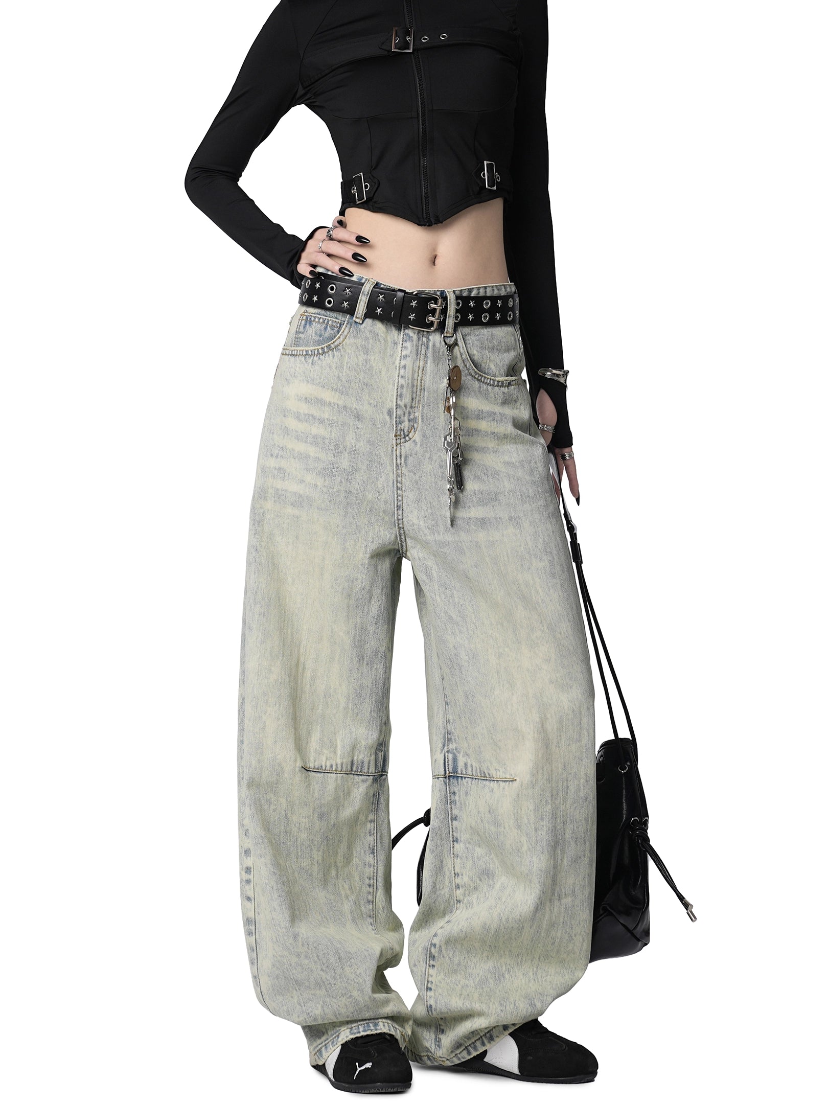 ICH MODE 美式复古水洗牛仔裤女休闲宽松直筒裤弯刀阔腿裤运动裤