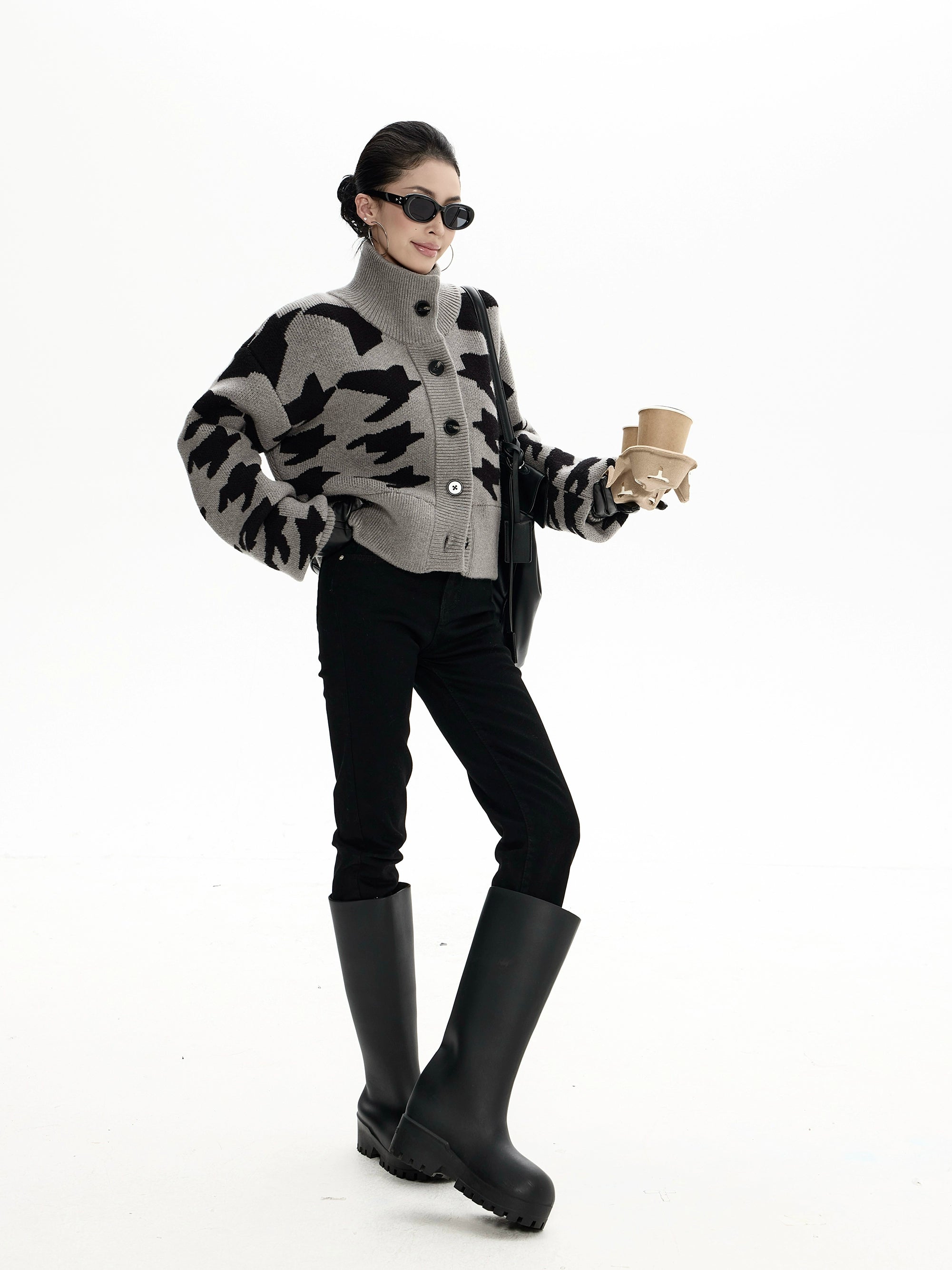 野生zero千鸟格短款开衫毛衣女秋冬2025新款美式复古立领上衣外套