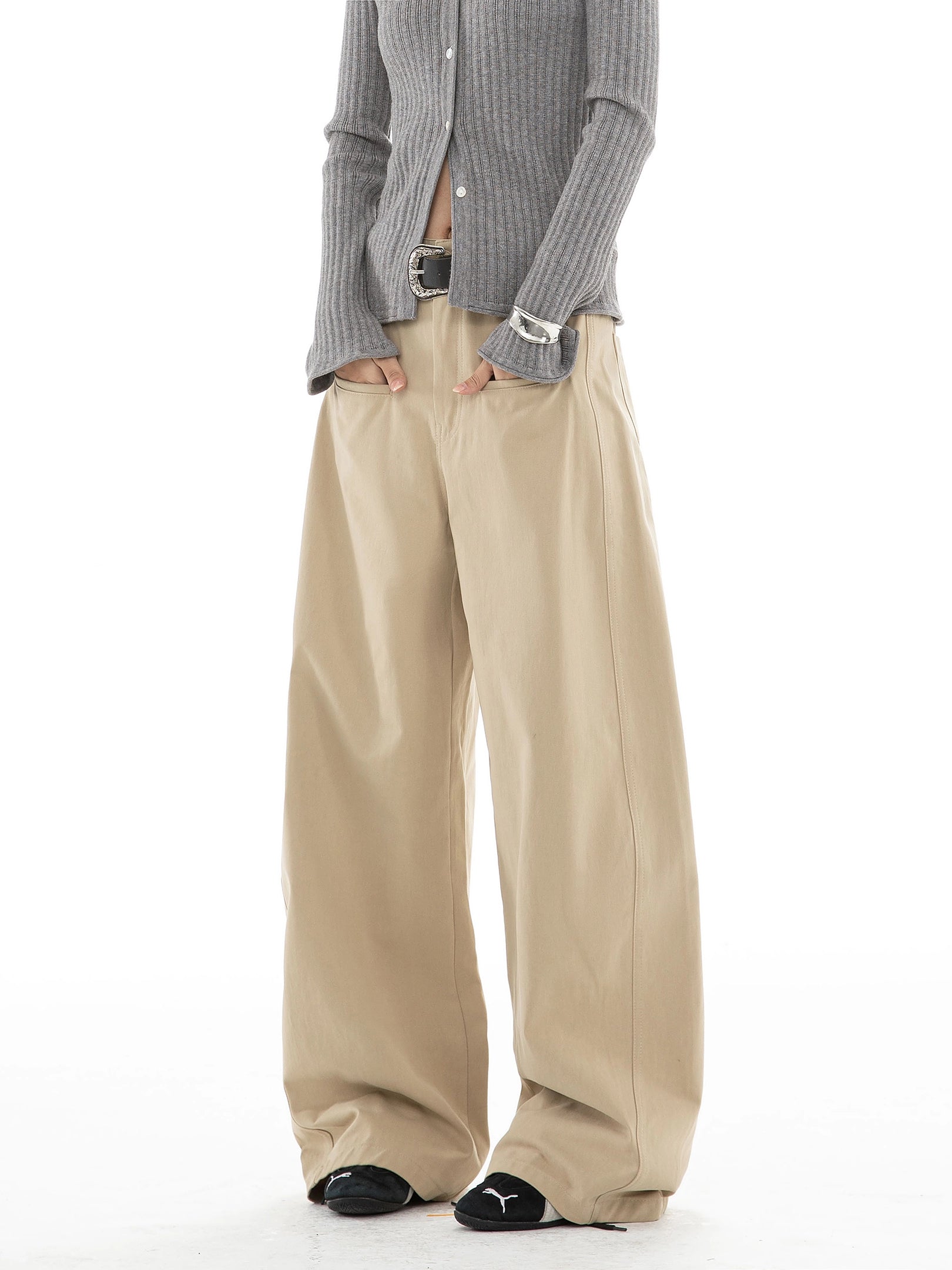 ICH MODE 美式复古卡其色休闲裤女直筒宽松阔腿裤运动裤百搭裤子