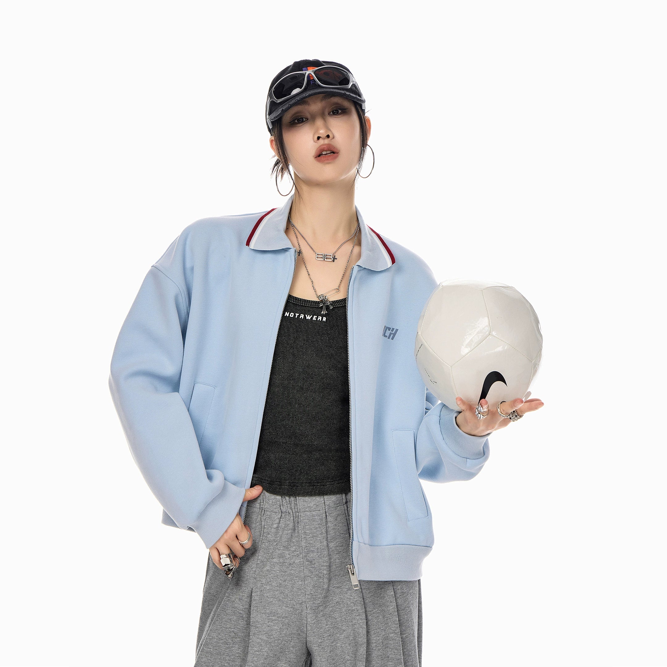 ICH MODE 美式复古刺绣翻领短款外套女2025新款秋季运动开衫上衣