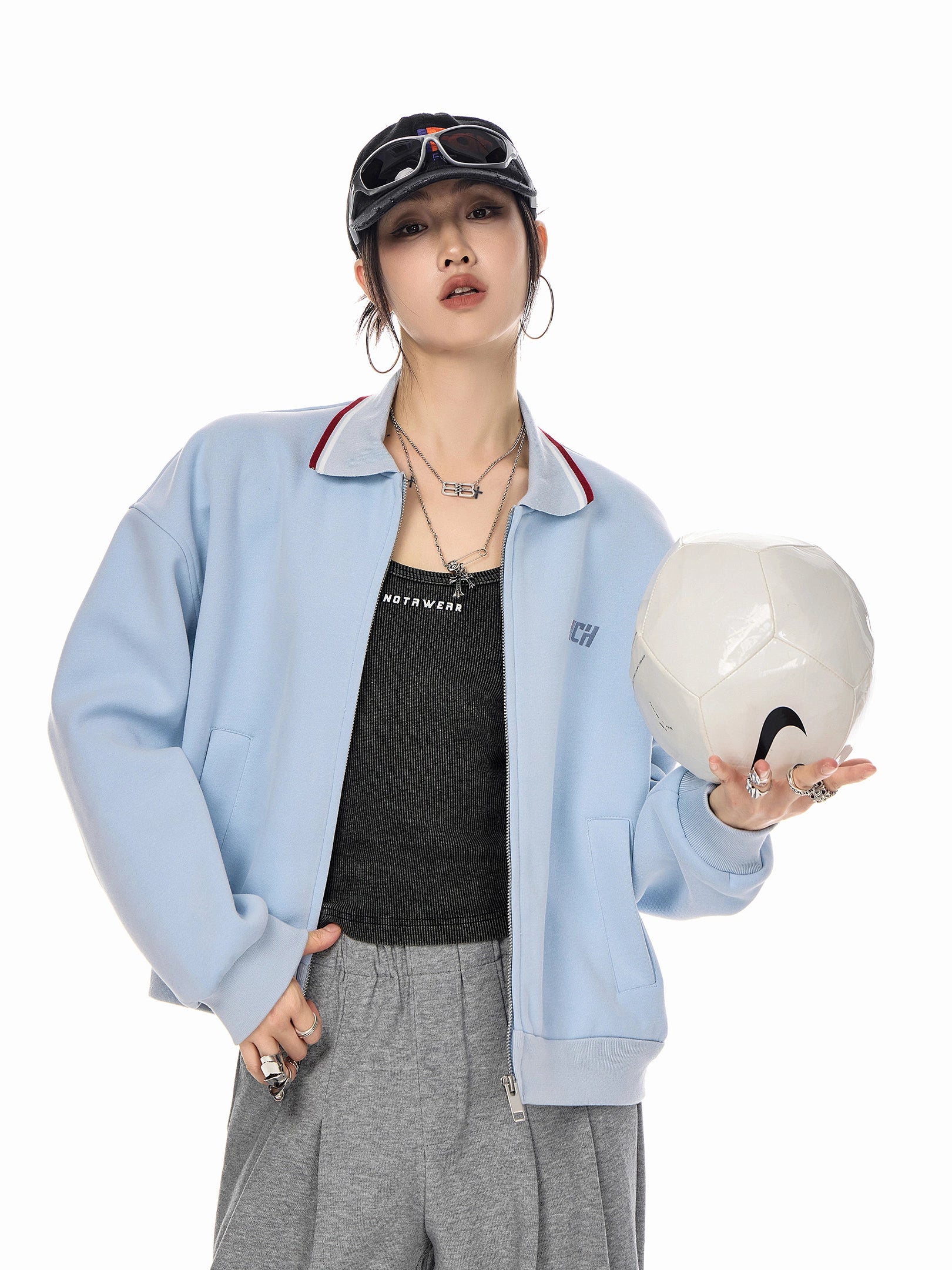 ICH MODE 美式复古刺绣翻领短款外套女2025新款秋季运动开衫上衣