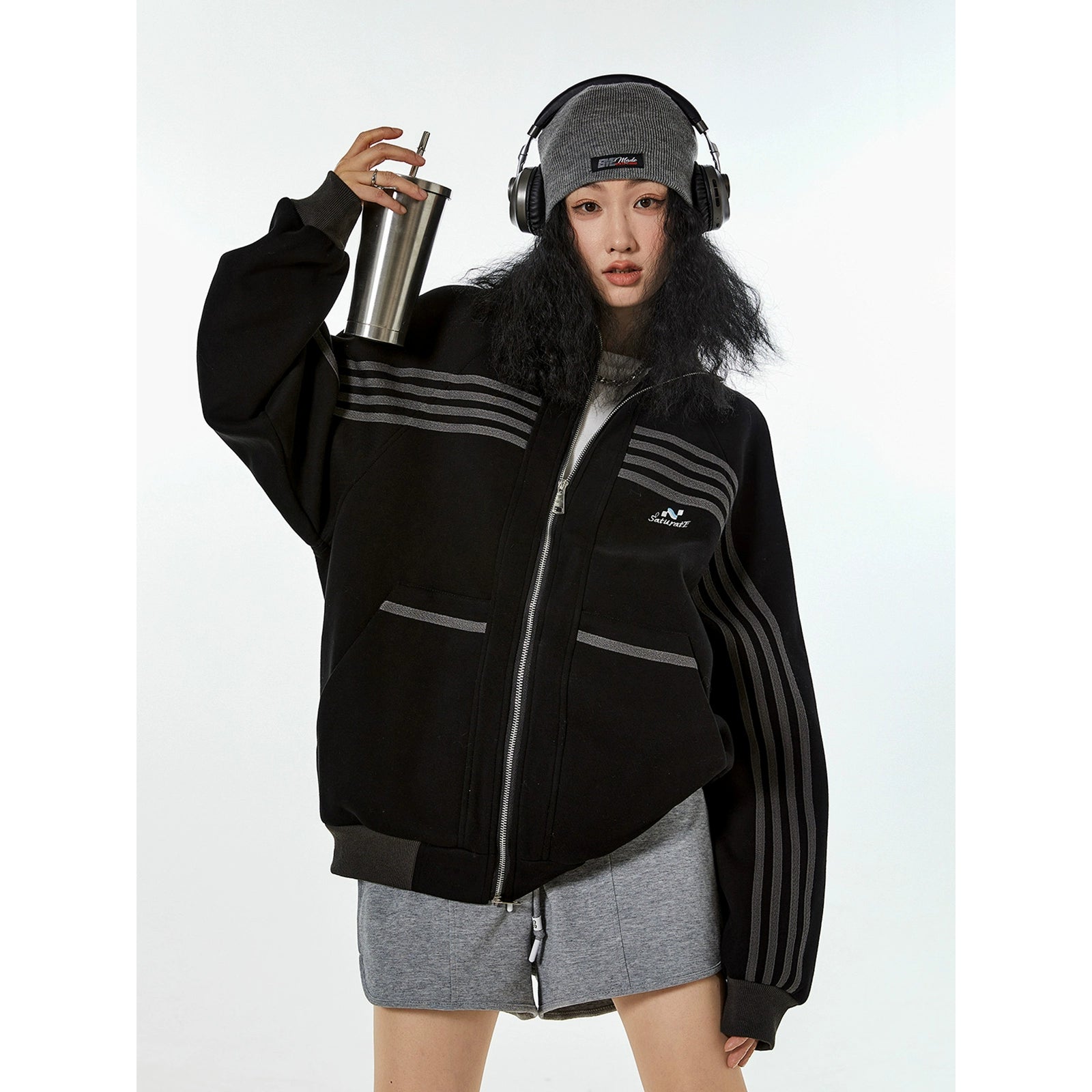 ICH MODE 美式复古休闲运动外套女秋冬宽松薄款开衫上衣2025新款