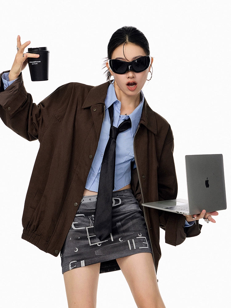 ICH MODE 美式复古哈灵顿外套女2025秋冬季新款翻领开衫夹克上衣