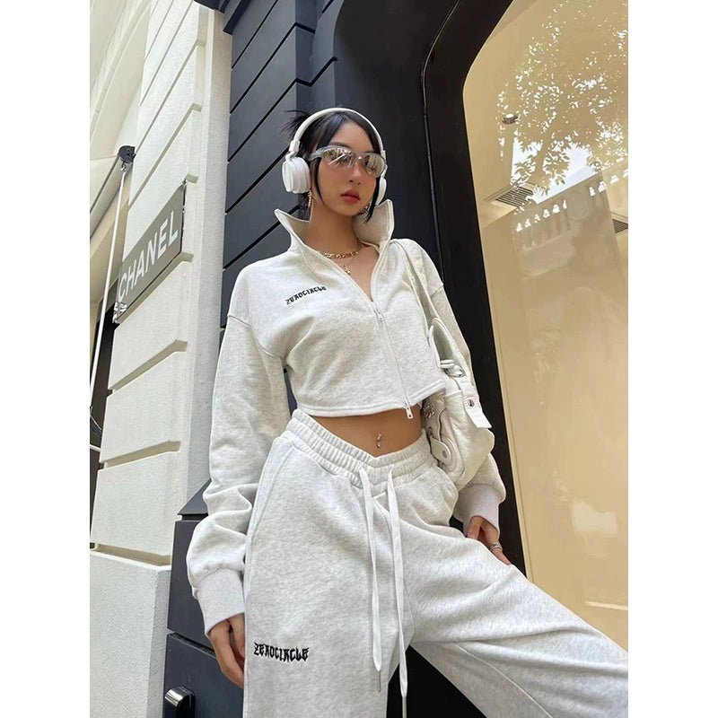 野生zerocircle灰色卫衣套装女春秋短款外套显瘦运动宽松休闲裤子