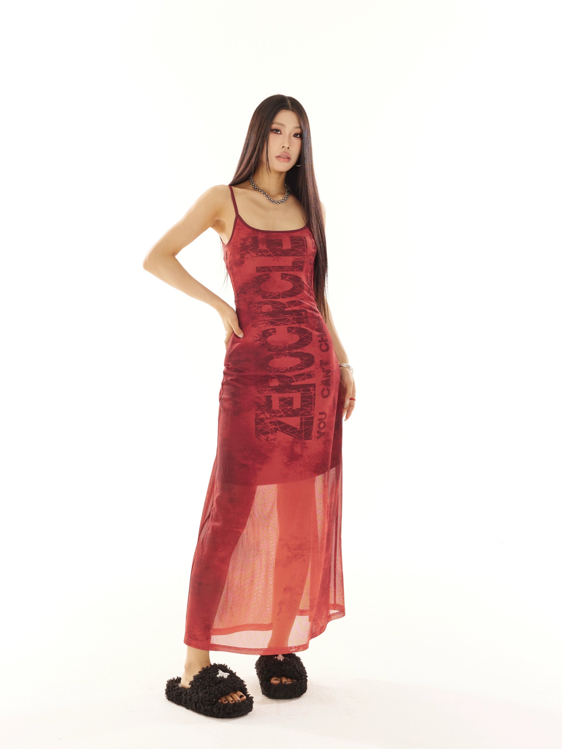 野生zero红绿色印花吊带连衣裙女夏辣妹设计感小众修身显瘦长裙子