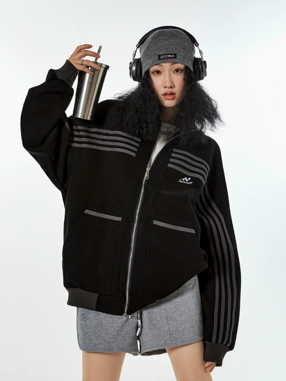 ICH MODE 美式复古休闲运动外套女秋冬宽松薄款开衫上衣2025新款