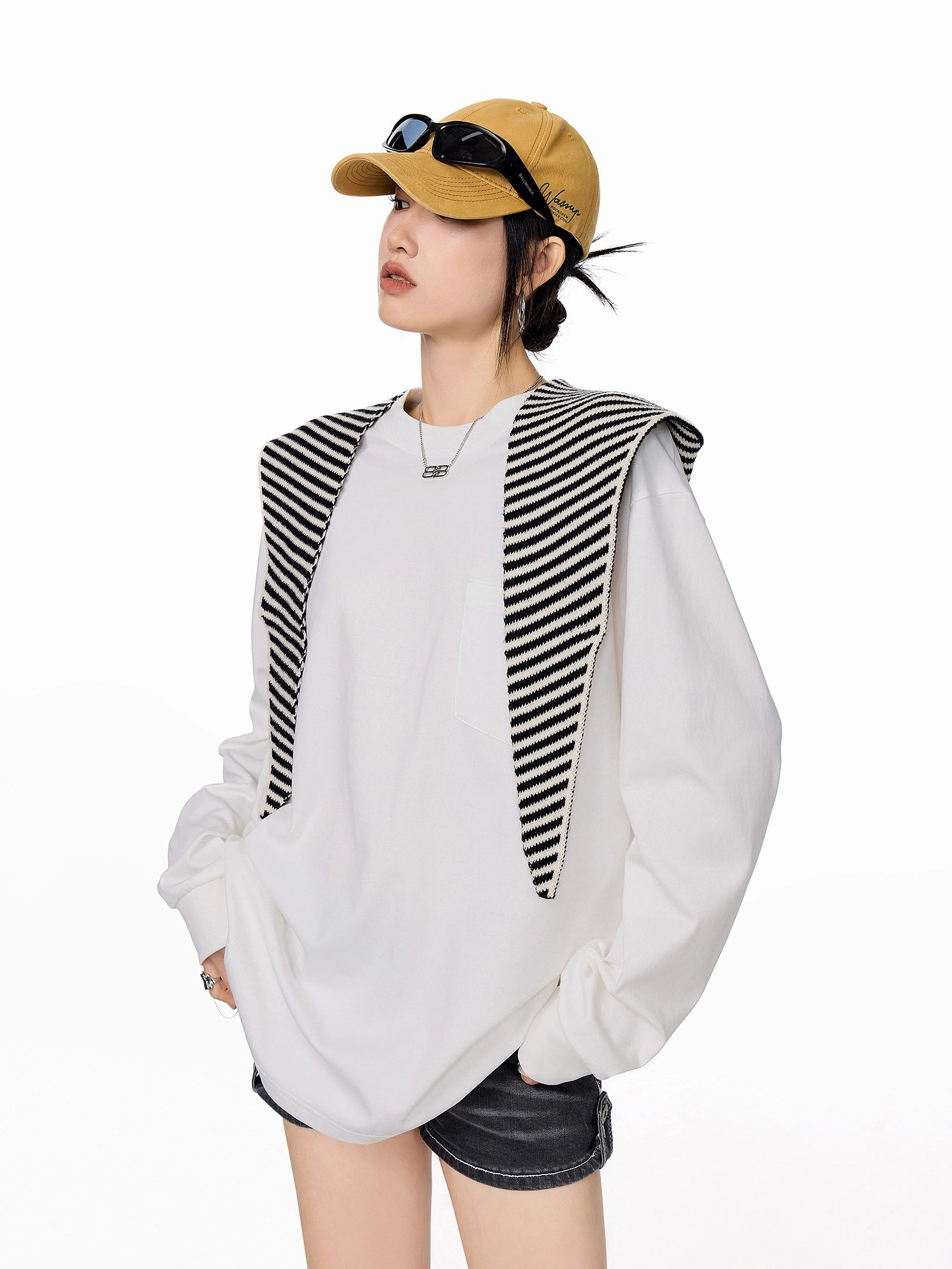 ICH MODE 美式圆领正肩长袖T恤女2025秋冬新款宽松纯色上衣打底衫