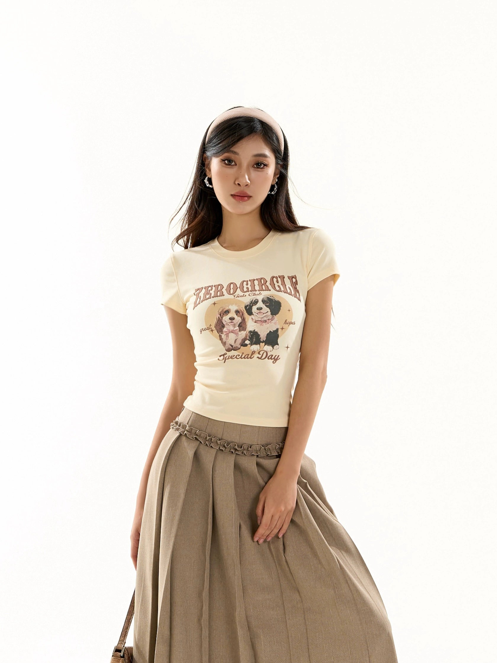 野生zero 粉色正肩短袖t恤女夏设计感甜辣妹修身收腰显瘦印花上衣