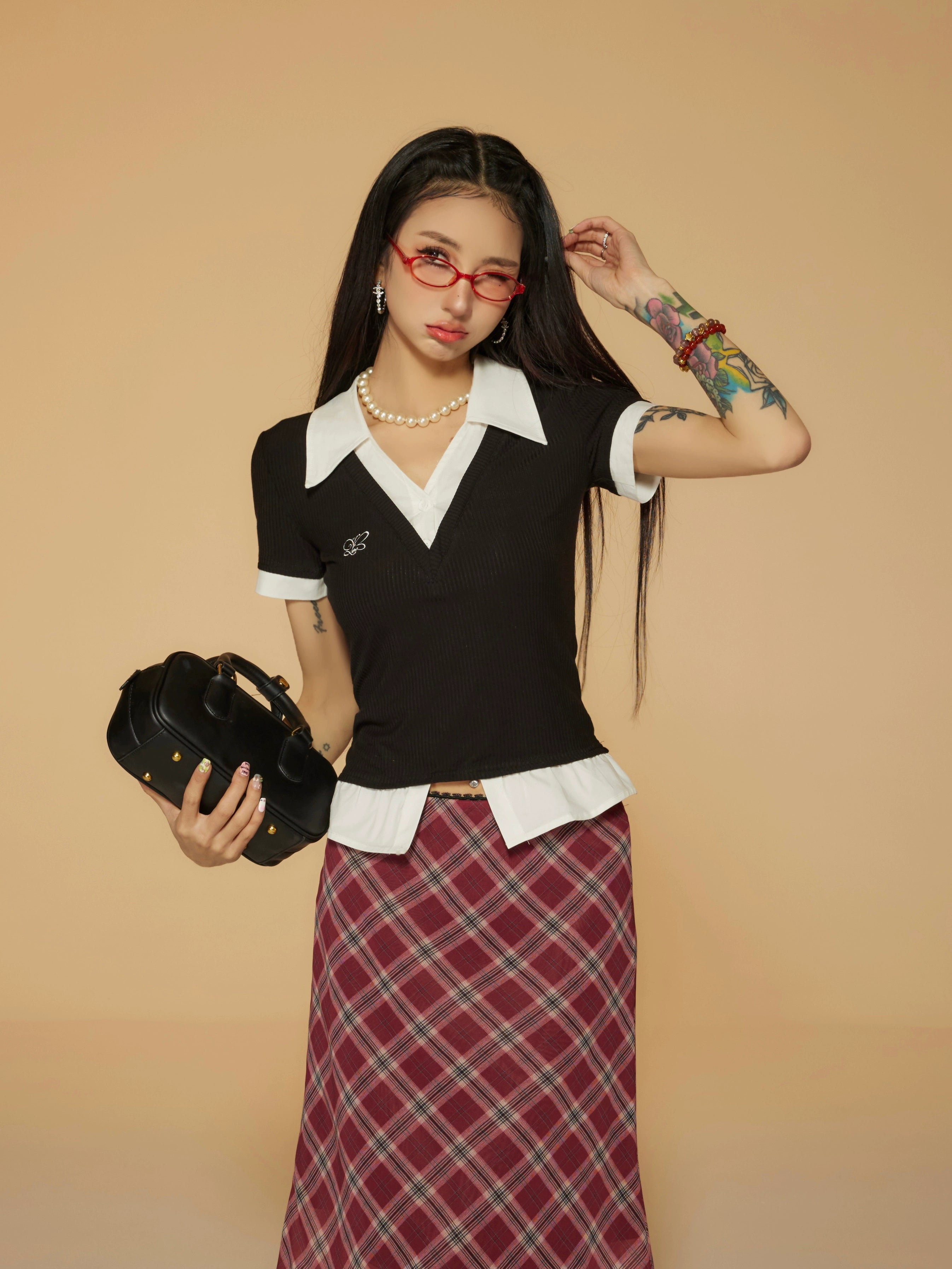 野生zerocircle黑灰色正肩短袖t恤女春辣妹修身v领针织假两件上衣