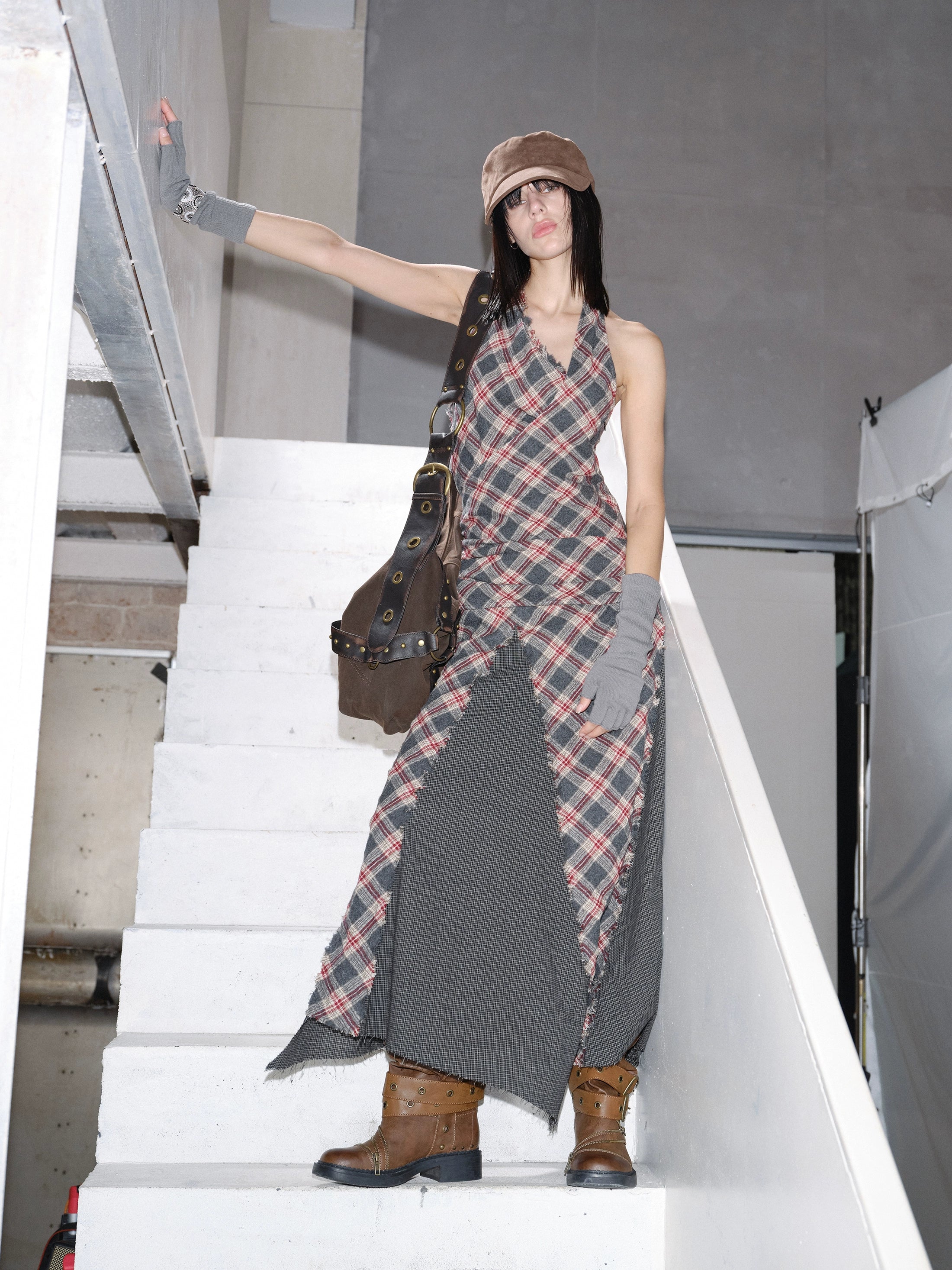 2th Desire流浪风羊毛复古格纹拼接挂脖连衣裙 干洗羊毛请勿水洗