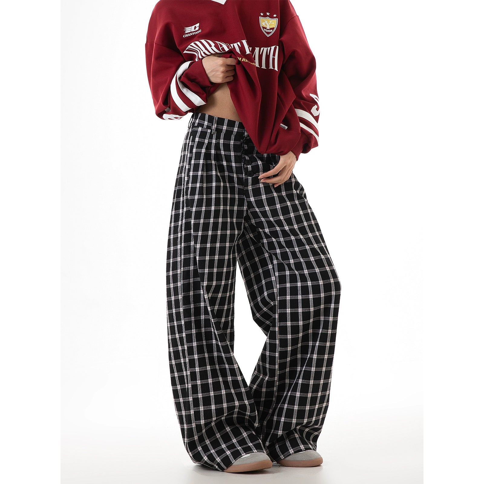 ICH MODE 美式复古格子裤女2025新款秋宽松阔腿裤直筒休闲裤子