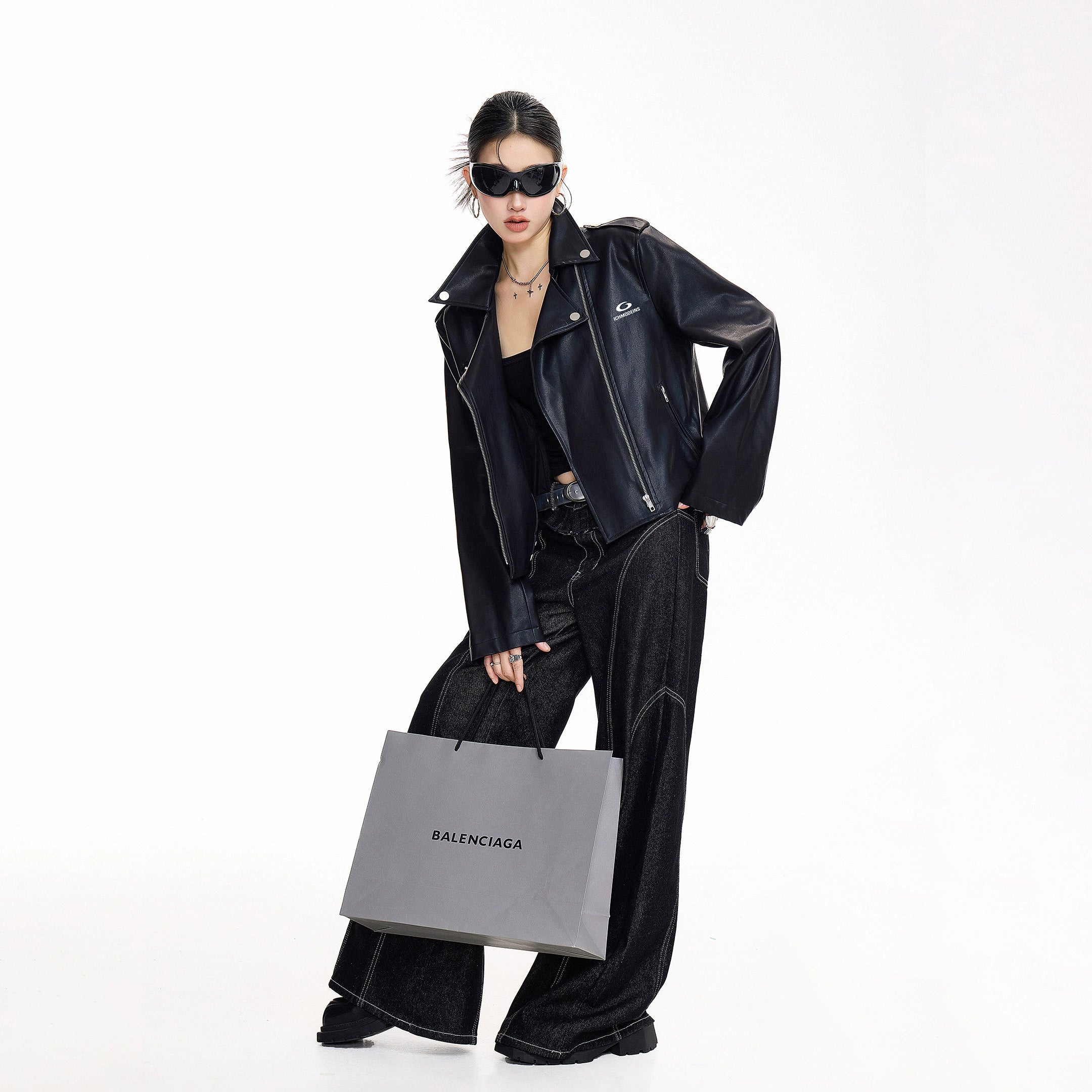 ICH MODE 美式复古机车皮衣外套女2025新款秋冬翻领工装夹克上衣