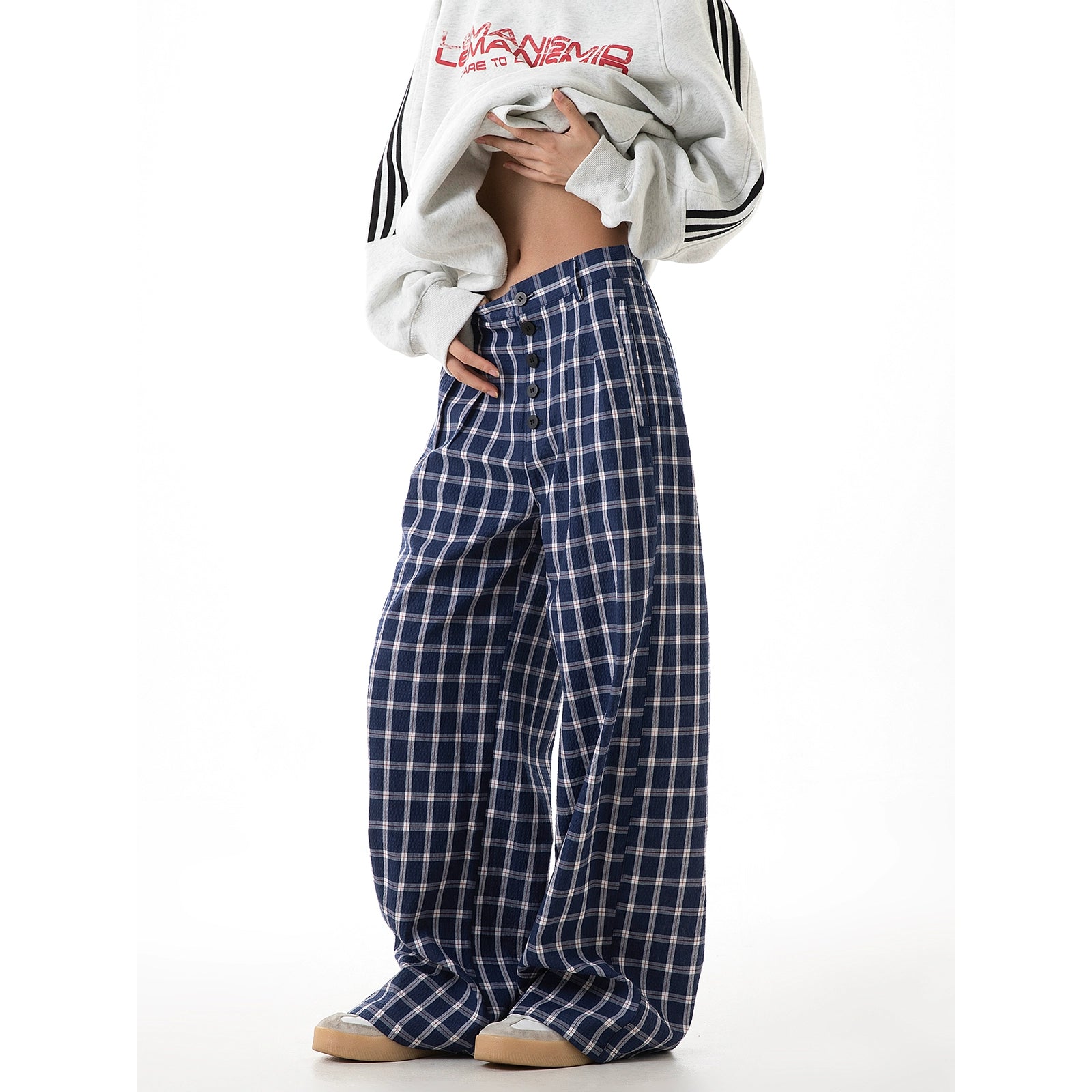 ICH MODE 美式复古格子裤女2025新款秋宽松阔腿裤直筒休闲裤子