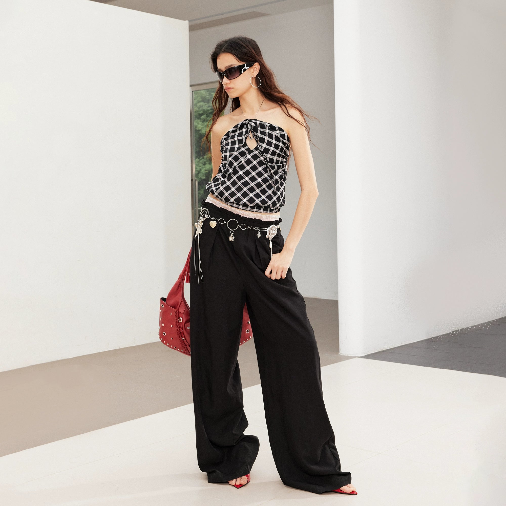 2th Desire复古松弛垂坠撞色腰头蕾丝花边拼接宽松直筒亚麻休闲裤