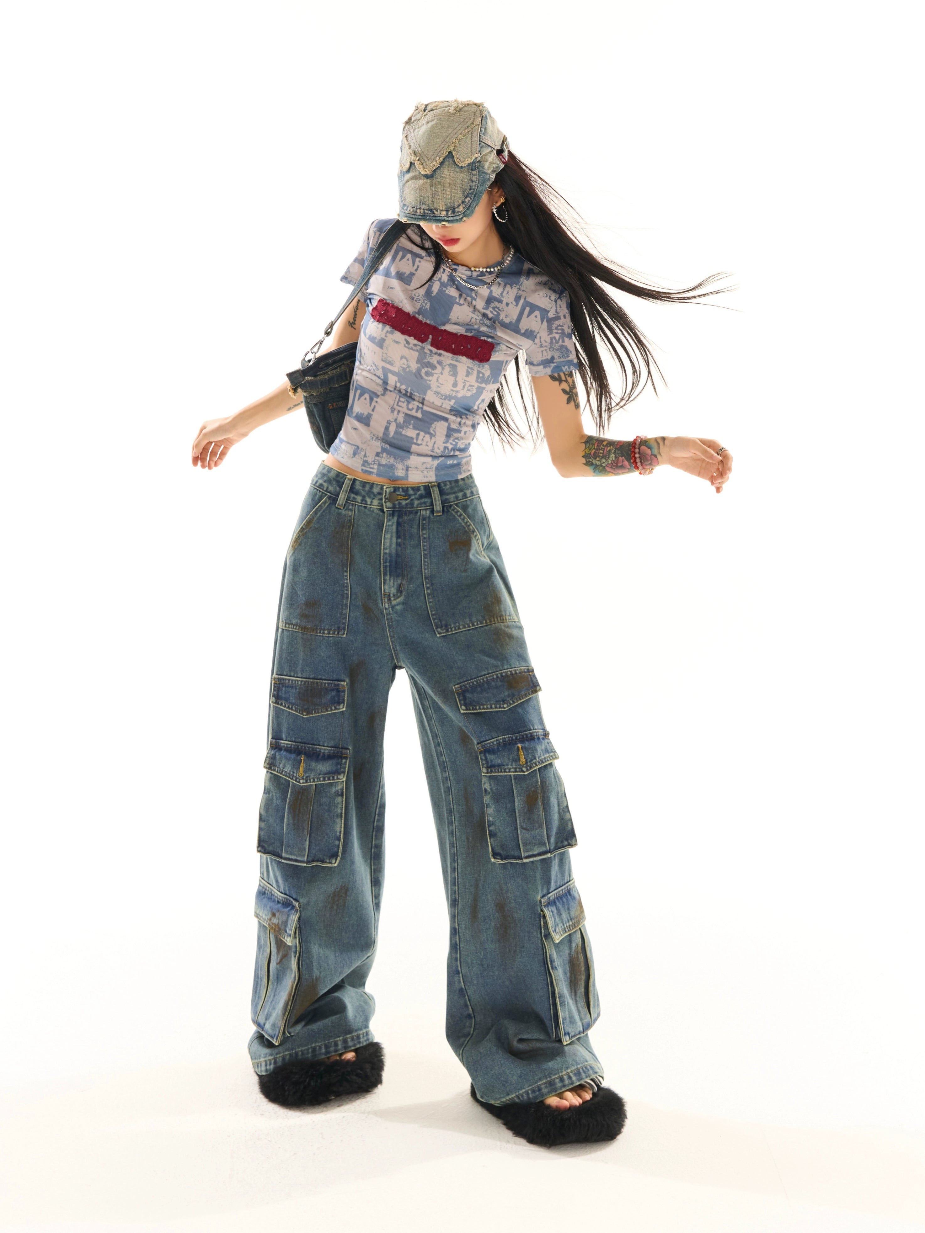 野生zerocircle复古蓝做旧工装牛仔裤女春宽松直筒阔腿设计感裤子