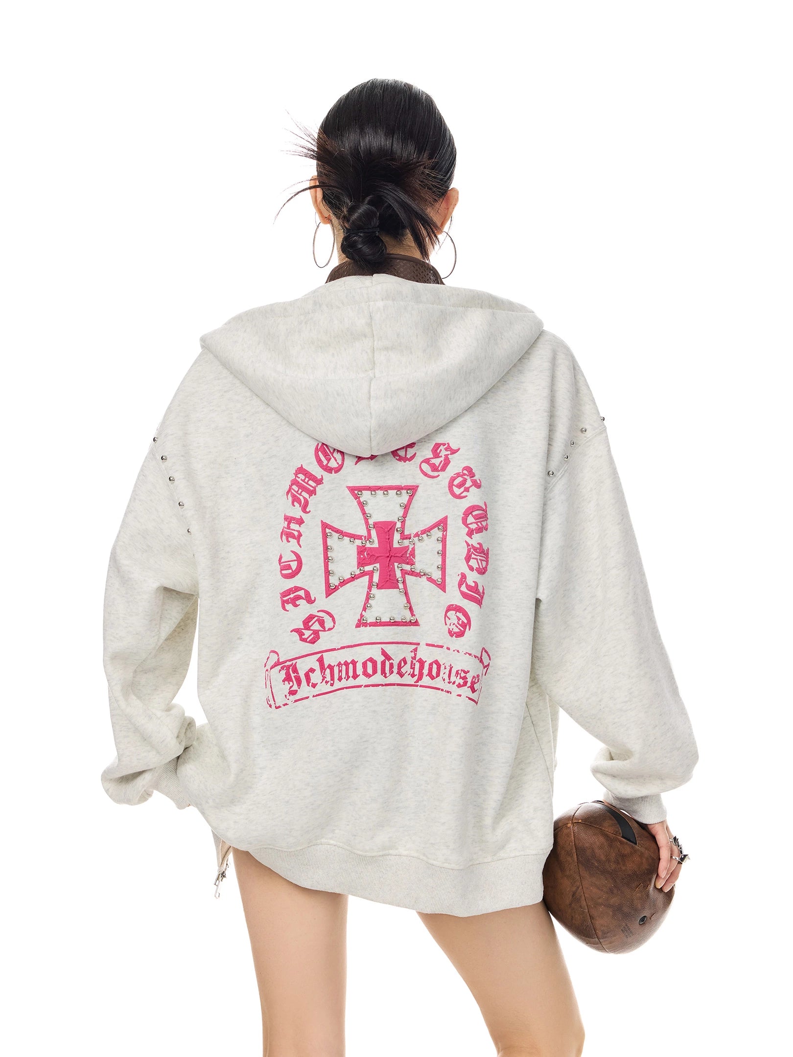 ICH MODE 美式哥特风复古钢珠加绒外套女秋冬季连帽上衣开衫卫衣