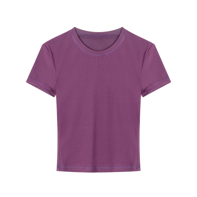 野生zerocircle 紫粉灰色正肩t恤女夏多巴胺辣妹修身显瘦短款上衣