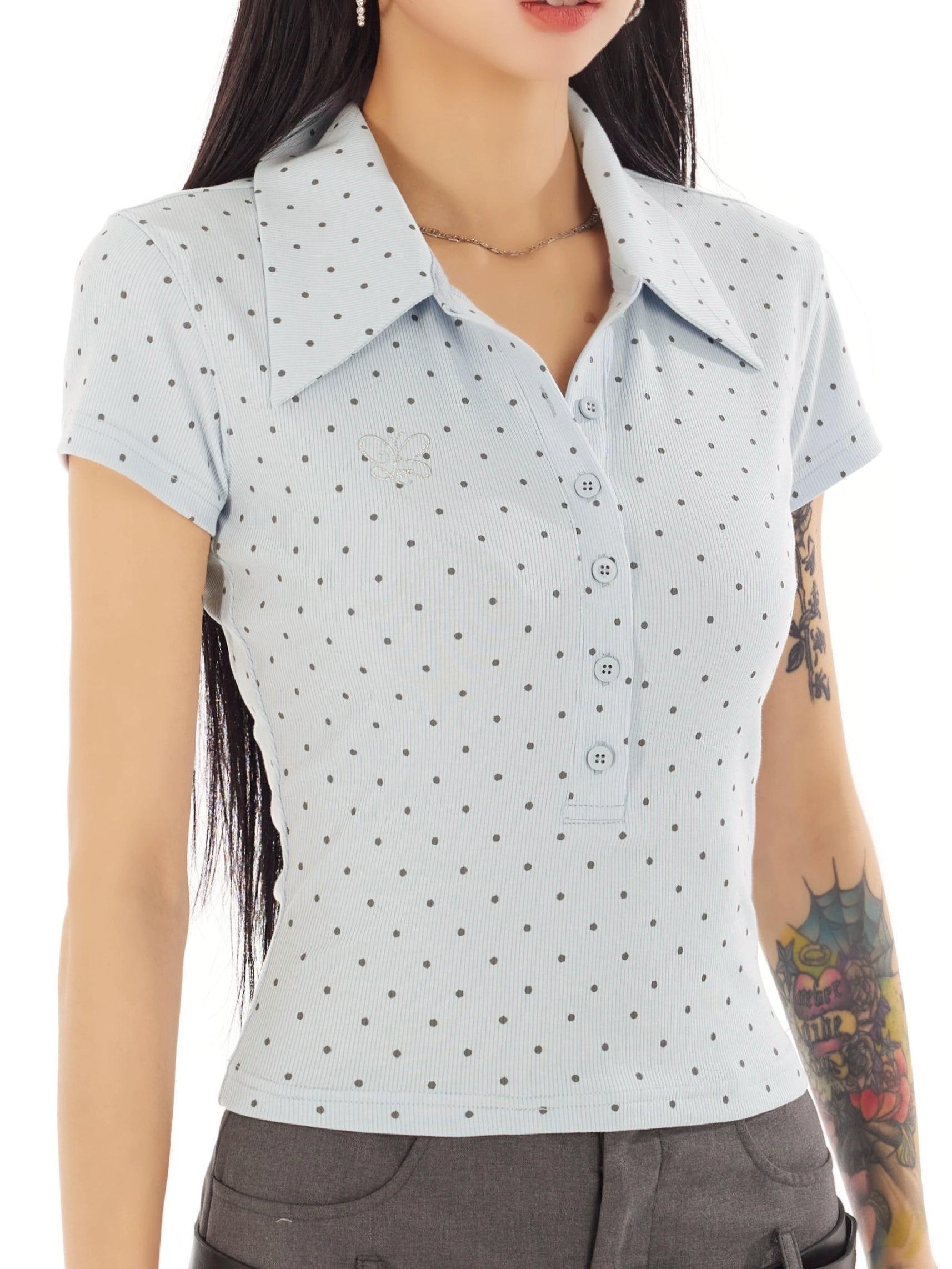 野生zerocircle 灰蓝色polo衫正肩波点短袖t恤女春夏修身短款上衣