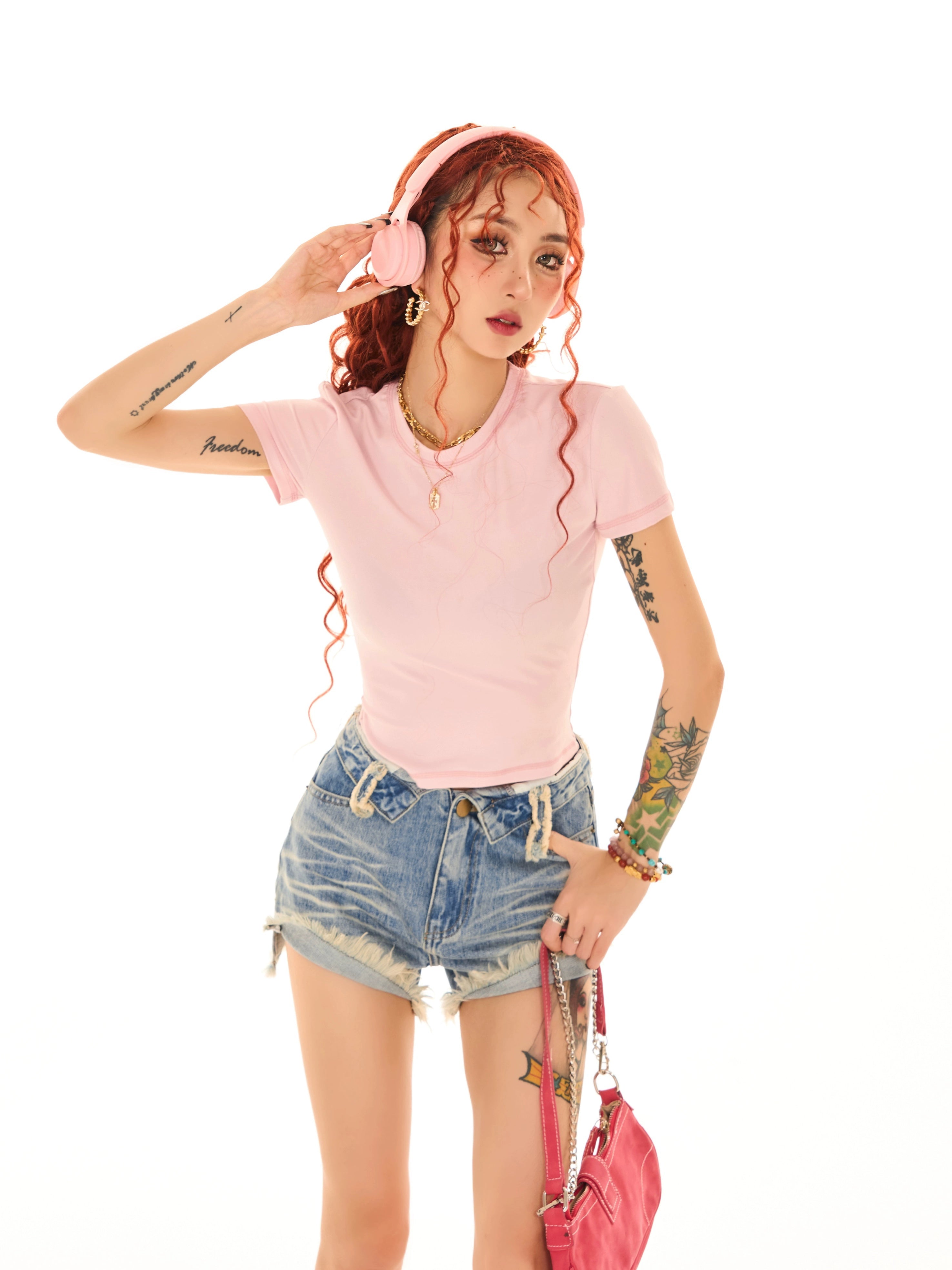 野生zerocircle 紫粉灰色正肩t恤女夏多巴胺辣妹修身显瘦短款上衣