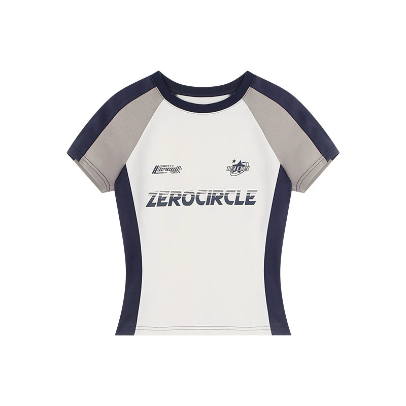 野生zero 撞色插肩短袖t恤女夏设计感小众甜辣妹修身显瘦印花上衣