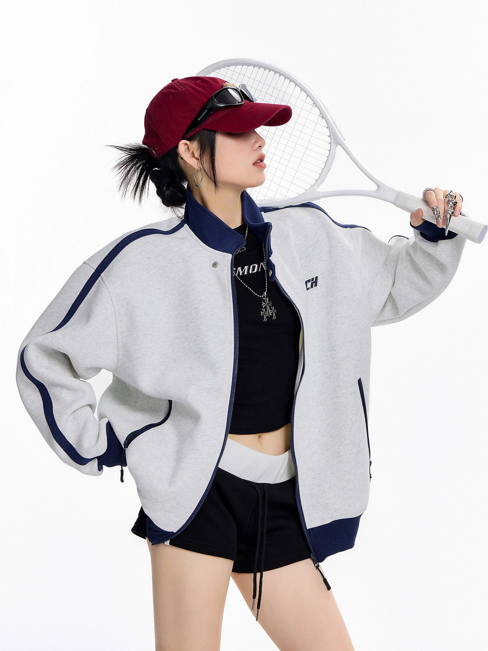 ICH MODE 美式复古撞色立领外套女秋冬新款运动夹克开衫卫衣上衣