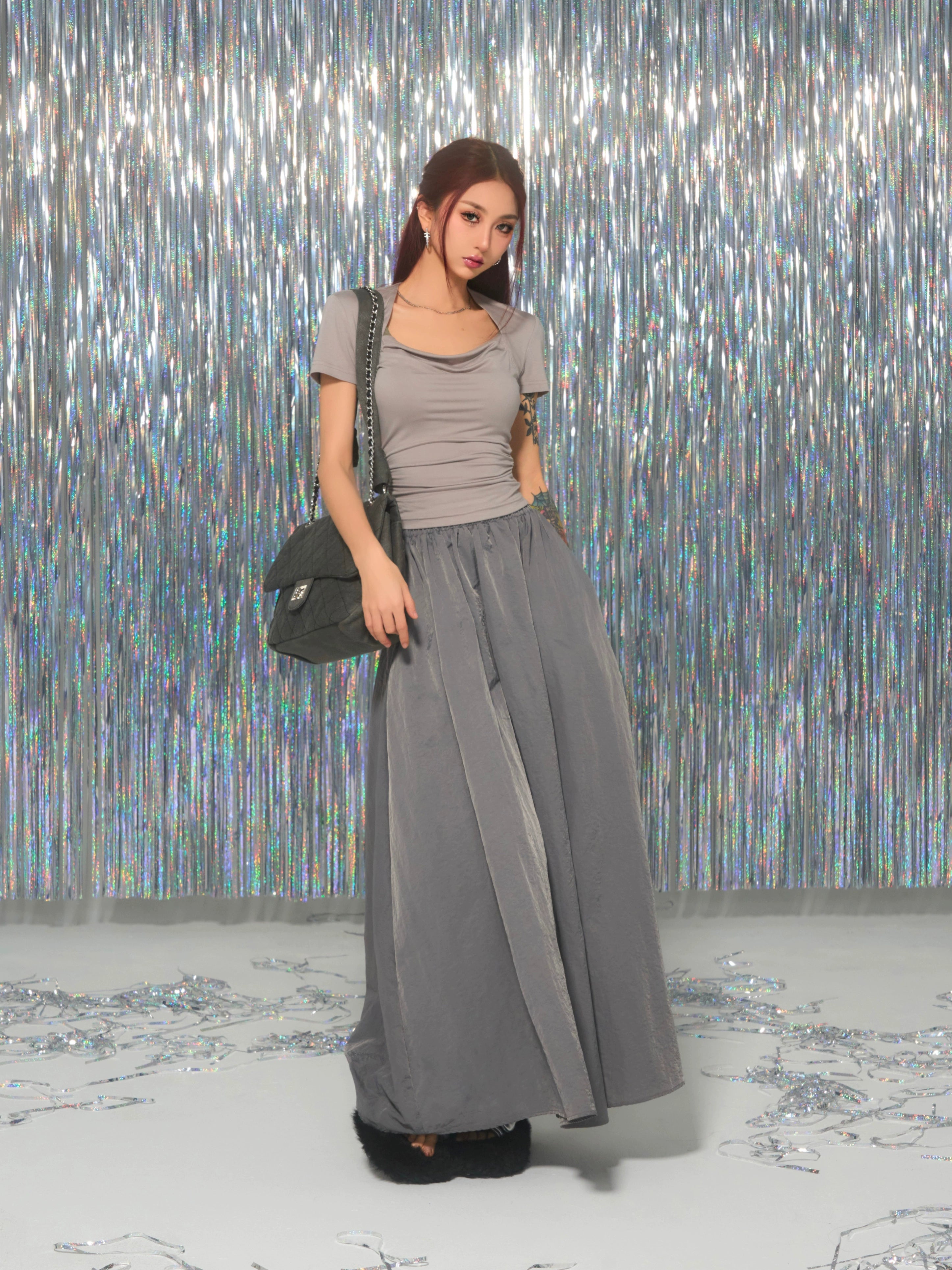 野生zerocircle 黑灰色方领正肩短袖t恤女夏辣妹修身显瘦短款上衣