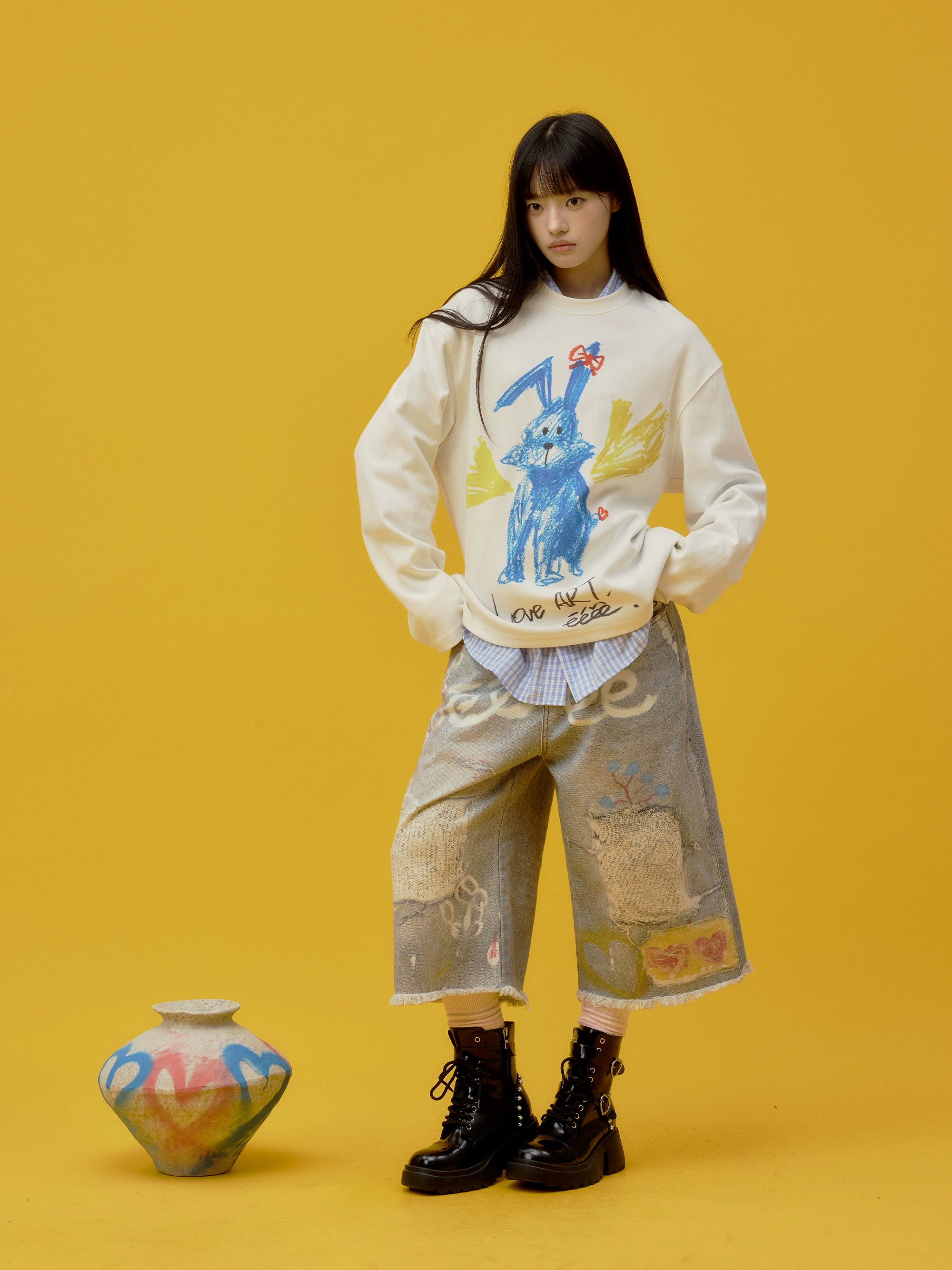 eeeeArtmonster“蓝色兔子”蜡笔手绘印花T恤重磅爱心兔长袖上衣