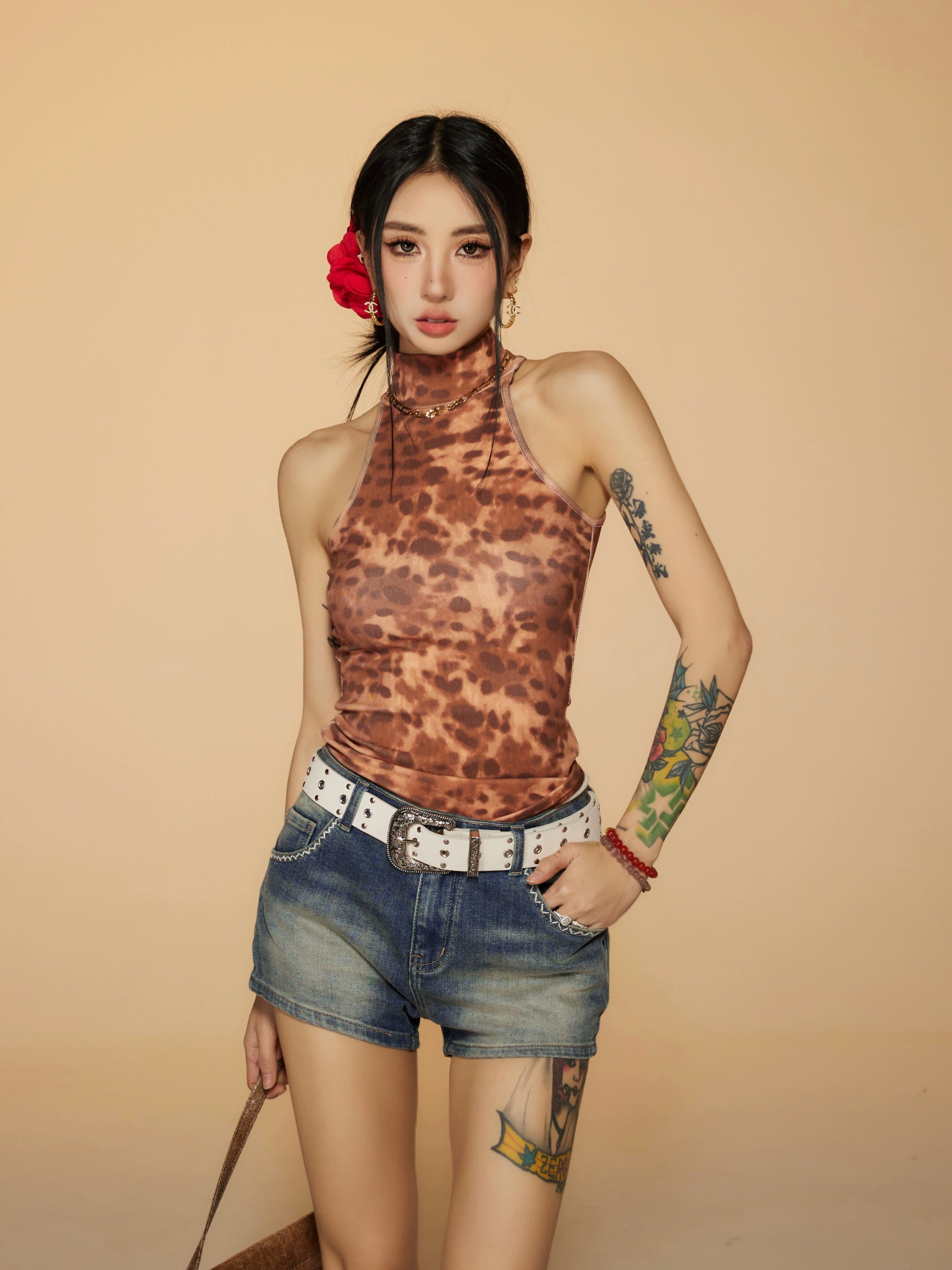 野生zerocircle豹纹无袖高领背心女夏季外穿辣妹修身显瘦小众上衣