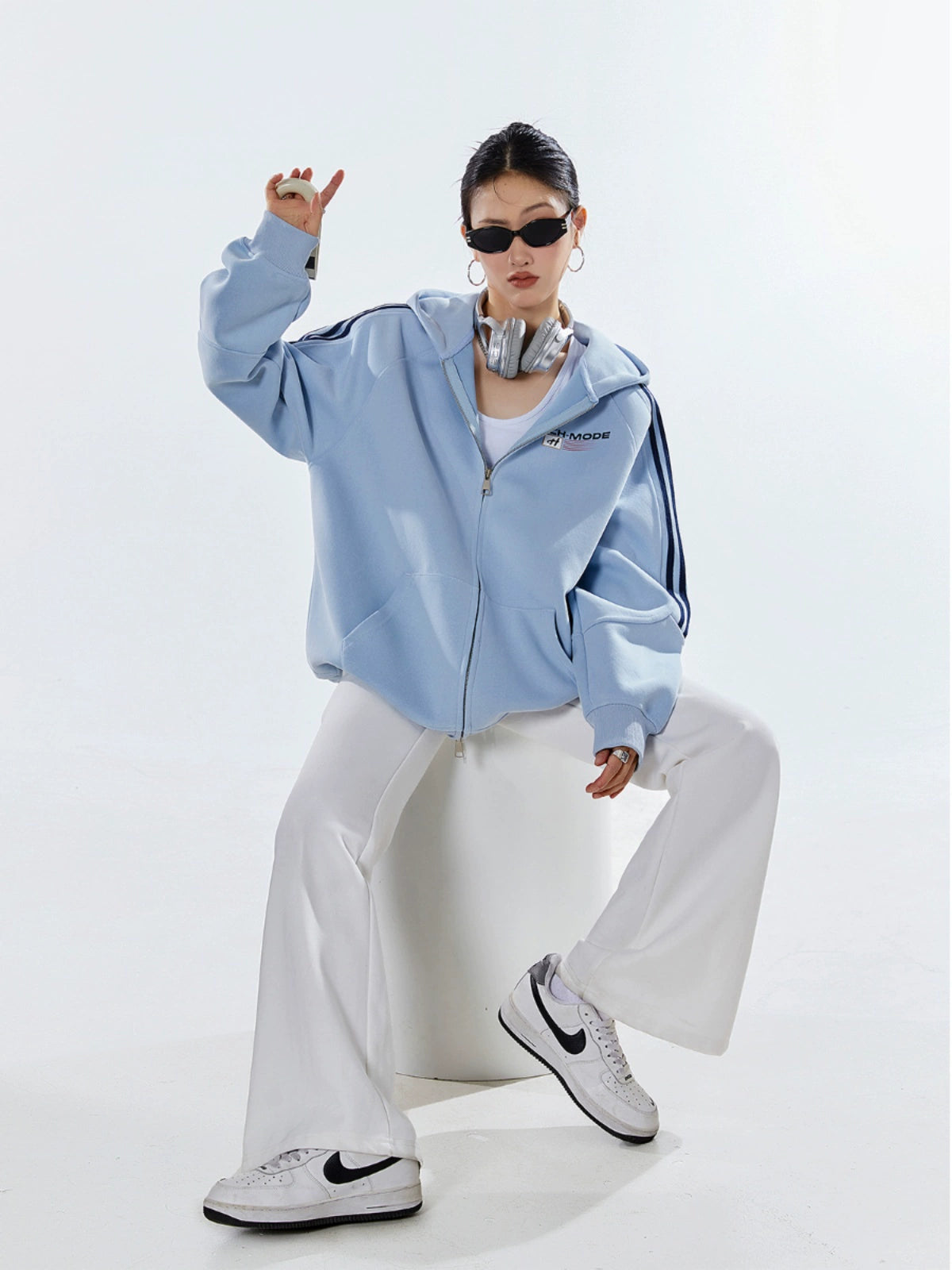 ICH MODE 400G质感条纹运动休闲美式卫衣开衫简约街头潮牌外套女