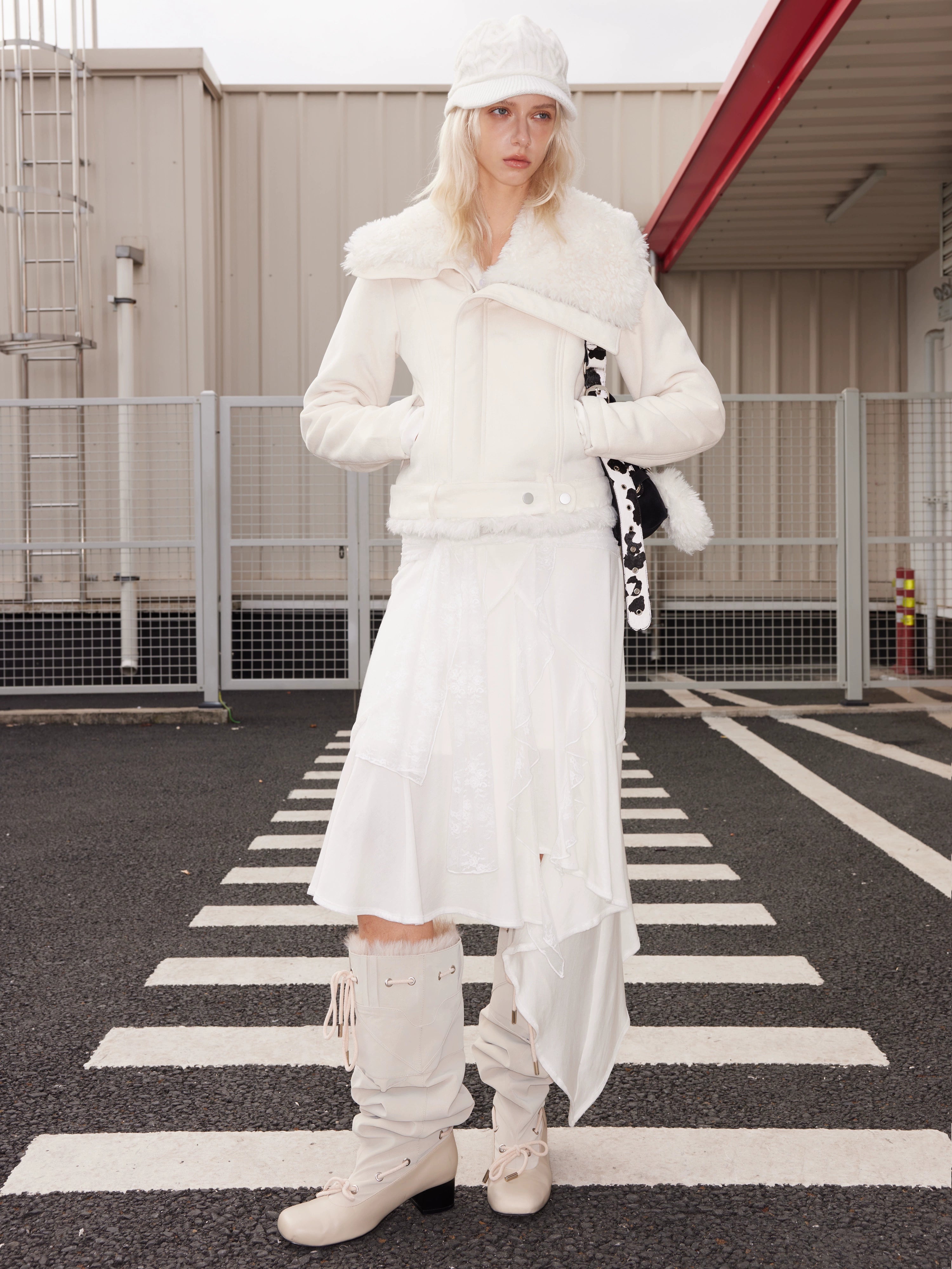 2th Desire不对称毛绒翻领皮毛一体外套加绒加厚短款修身机车夹克