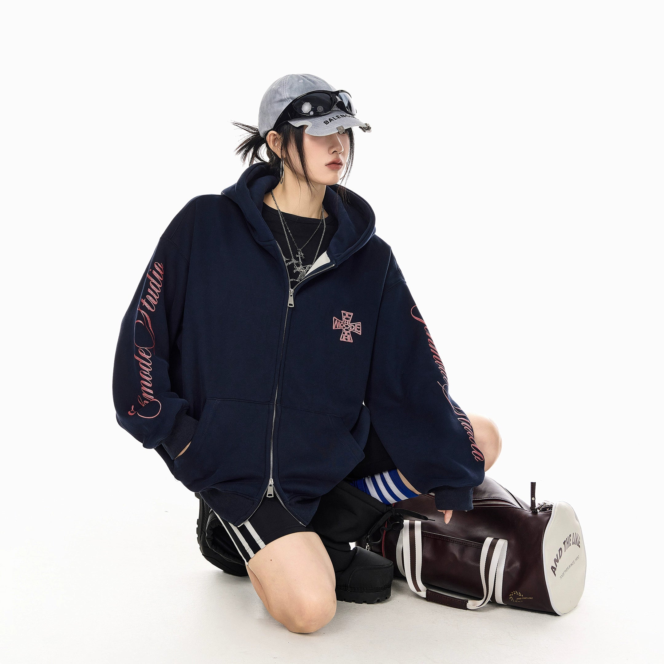 ICH MODE 美式复古哥特加绒连帽卫衣外套女新款秋冬宽松开衫上衣