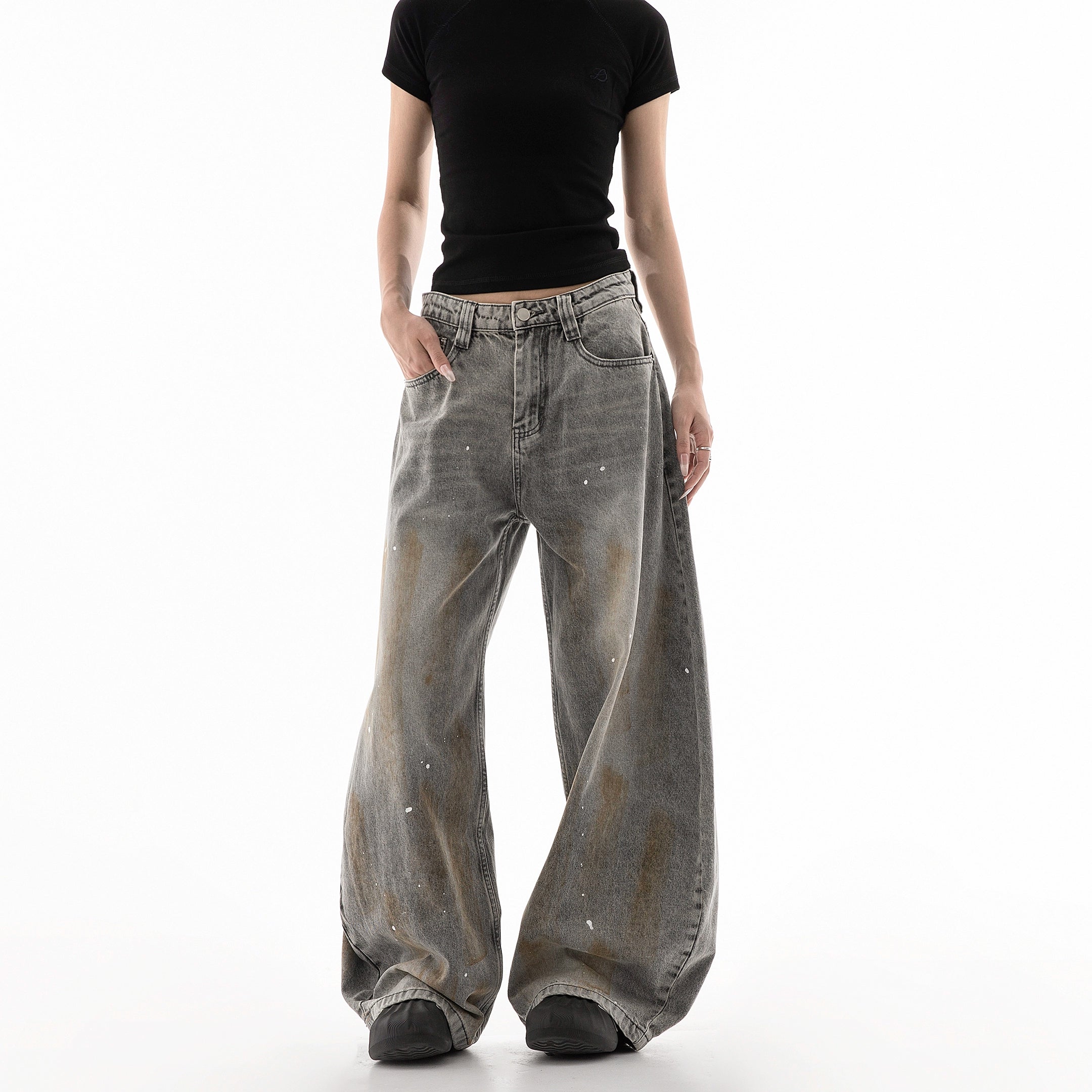 ICH MODE 美式复古做旧牛仔裤女夏季宽松直筒裤休闲阔腿弯刀裤子