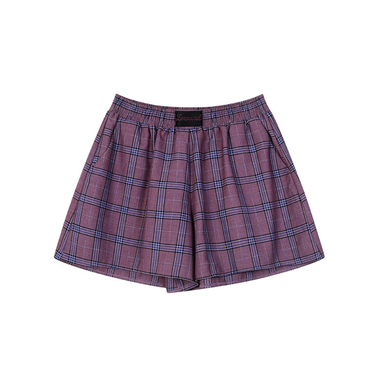 野生zerocircle休闲套装女春季蓝紫色格子宽松长袖衬衫显瘦短裤子