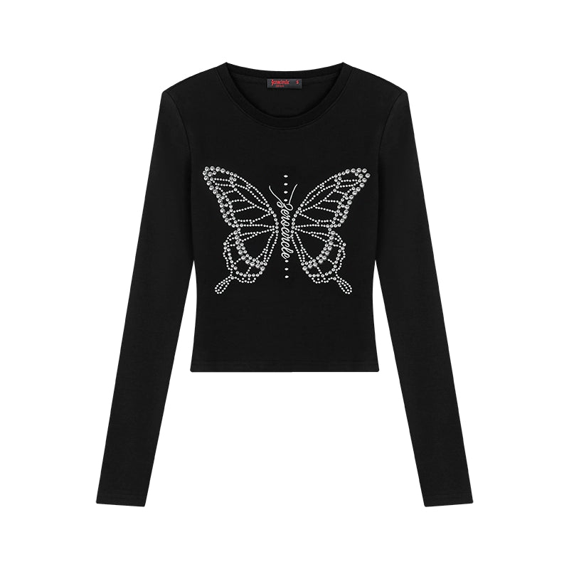 野生zerocircle 黑棕色正肩长袖t恤女春辣妹修身钉珠蝴蝶短款上衣