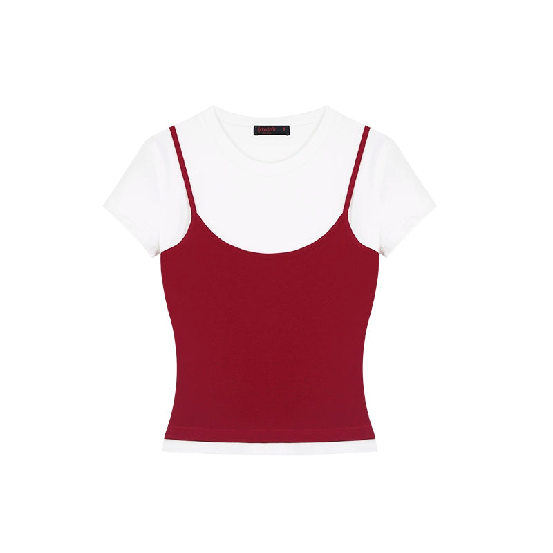 野生zero 撞色正肩短袖t恤女夏辣妹设计感显瘦修身短款假两件上衣