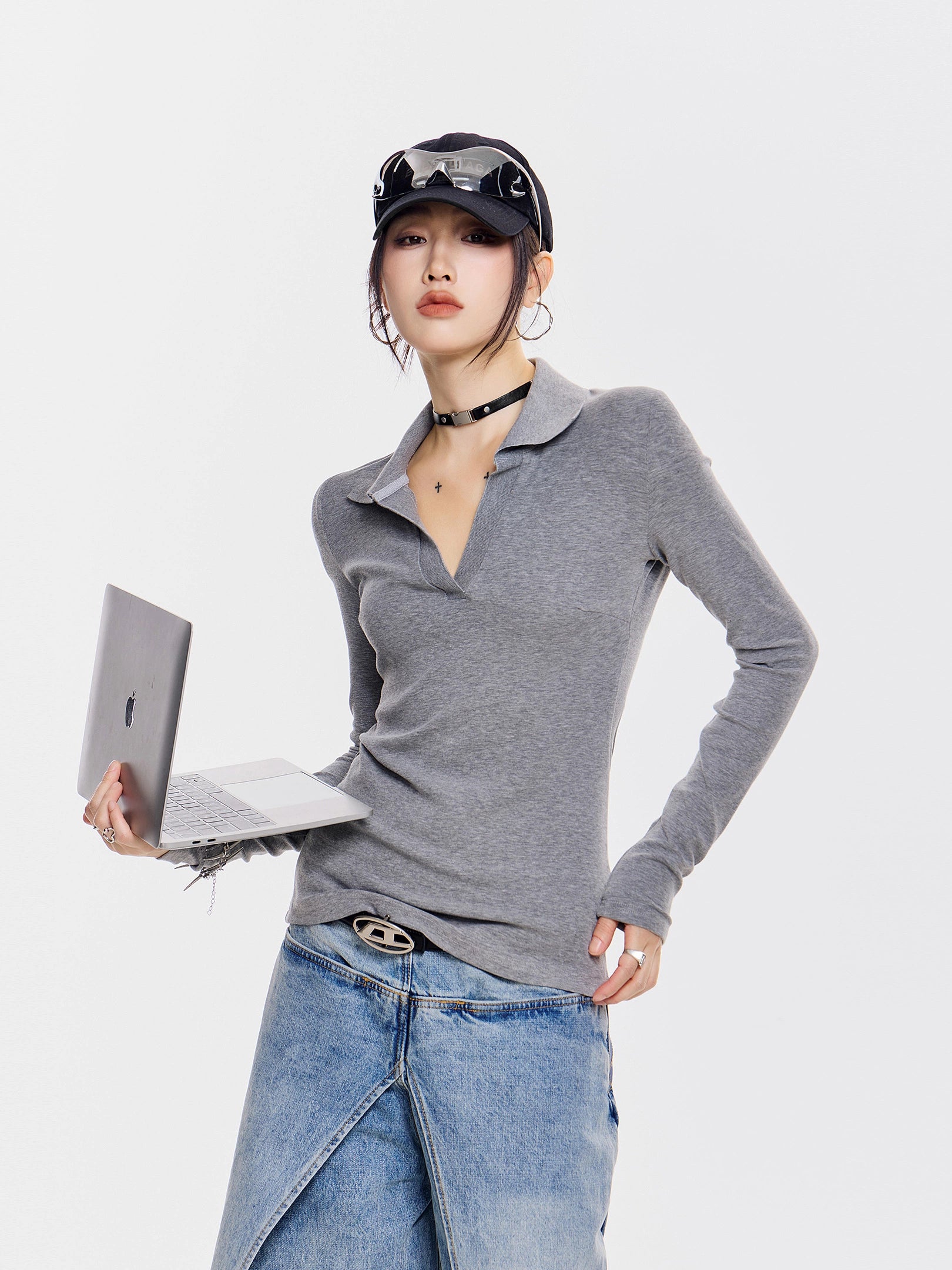 ICH MODE 美式复古POLO衫长袖T恤女秋冬新款修身正肩上衣2025新款