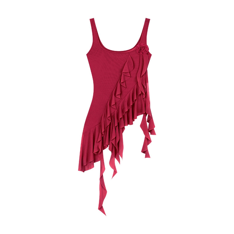 野生zero红色吊带背心女夏季外穿辣妹修身显瘦无袖荷叶边网纱上衣