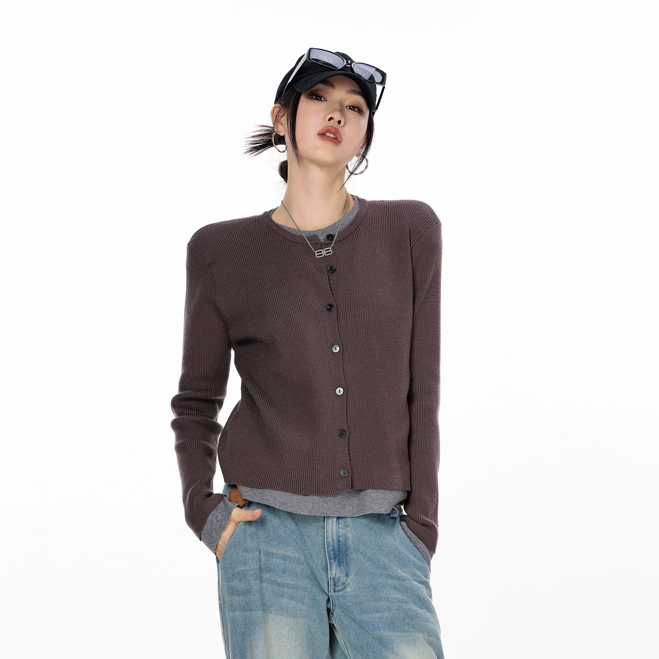 ICH MODE 美式复古修身针织开衫女2025秋冬新款外搭长袖毛衣外套