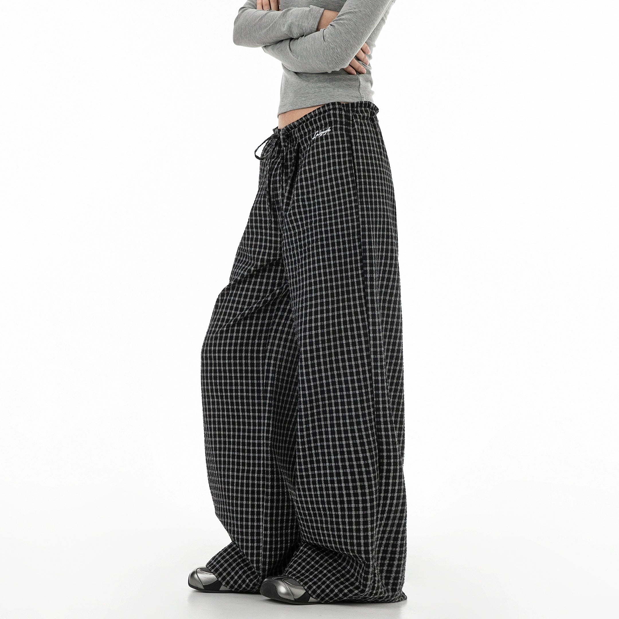 ICH MODE 美式复古宽松休闲裤女运动格子裤百搭直筒阔腿裤长裤子