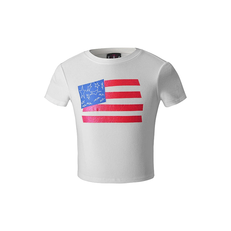 闪粉印花性感紧身高弹辣妹短款美式T恤羊绒圆领短袖女