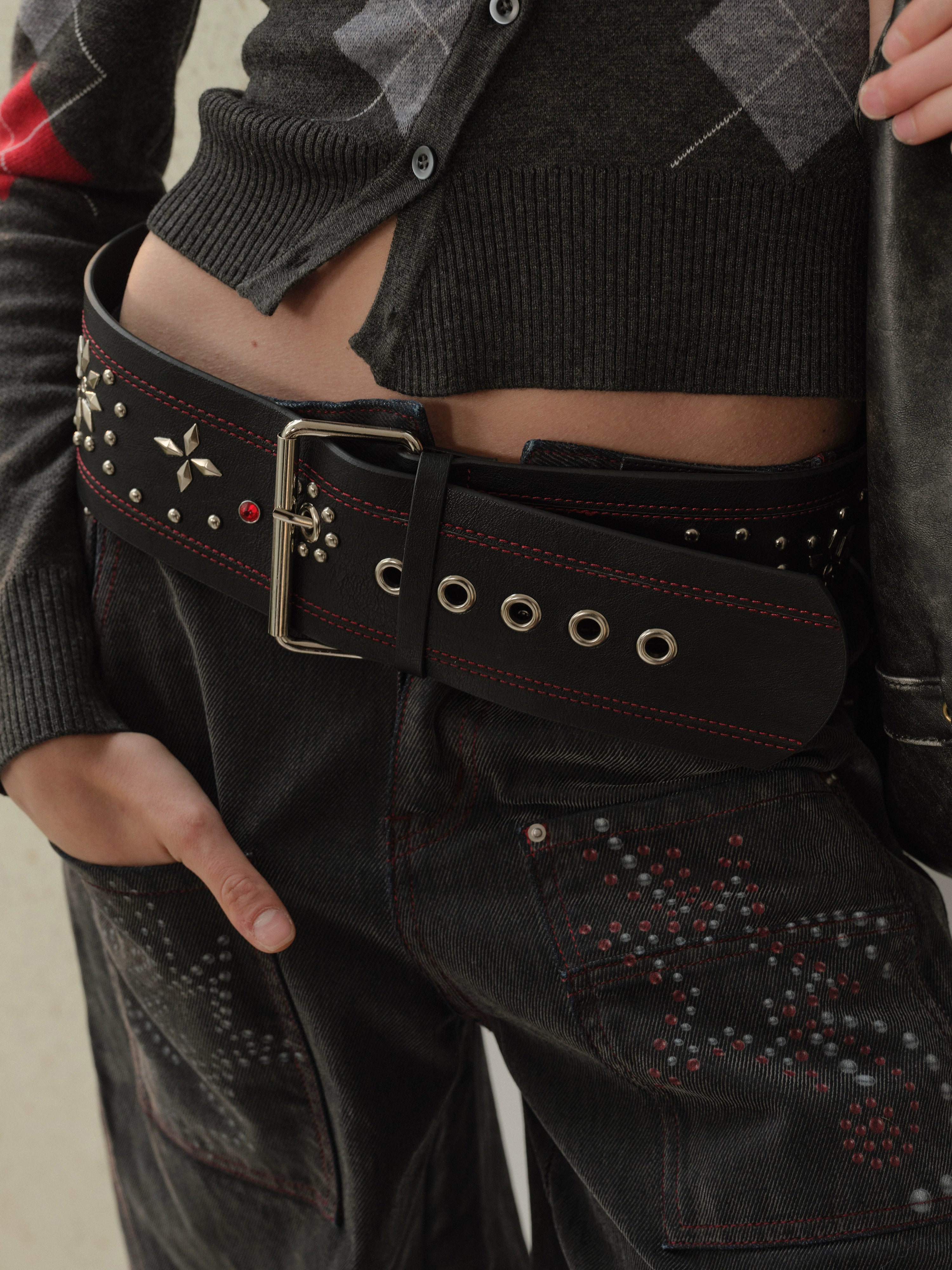 2th Desire朋克复古撞色小众设计感y2k辣妹铆钉钻石钉镶嵌宽腰带