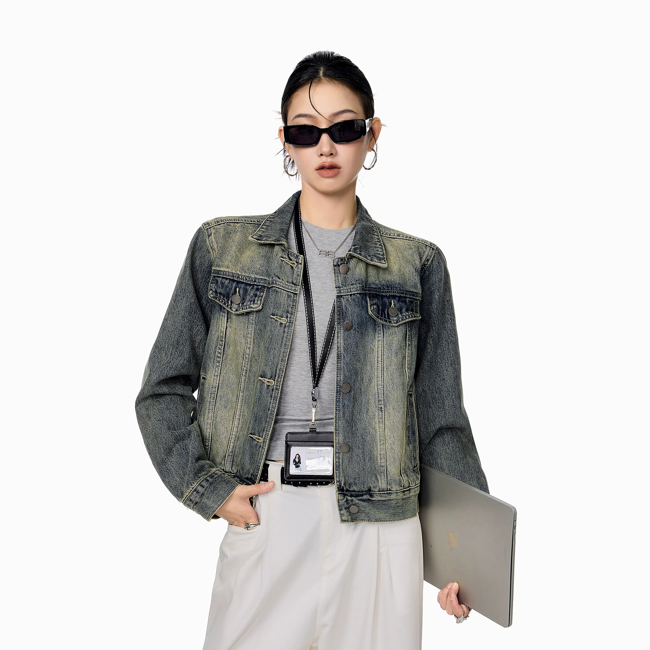 ICH MODE 美式复古做旧牛仔外套女秋冬2025新款短款开衫夹克上衣