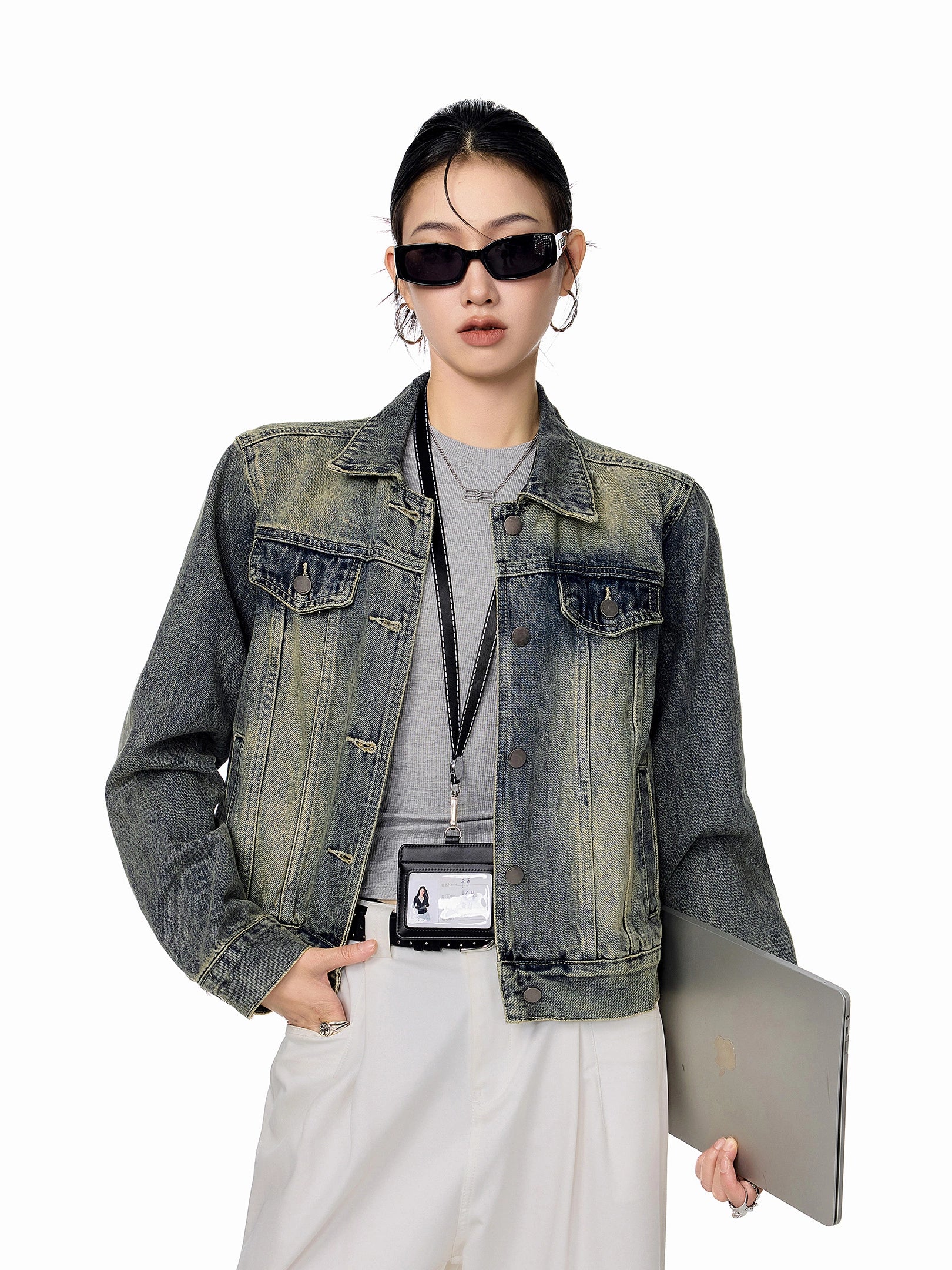 ICH MODE 美式复古做旧牛仔外套女秋冬2025新款短款开衫夹克上衣